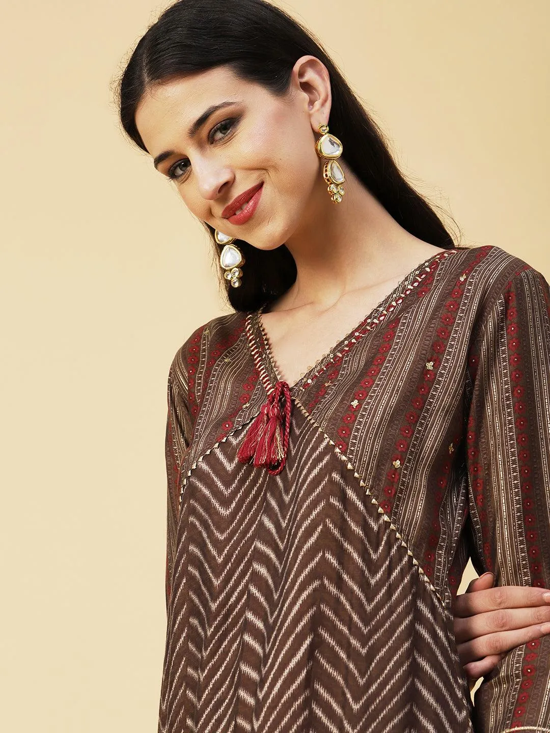 Chevron Printed Mirror & Sequins Embroidered Kurta With Pants & Dupatta - Brown