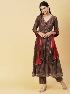 Chevron Printed Mirror & Sequins Embroidered Kurta With Pants & Dupatta - Brown