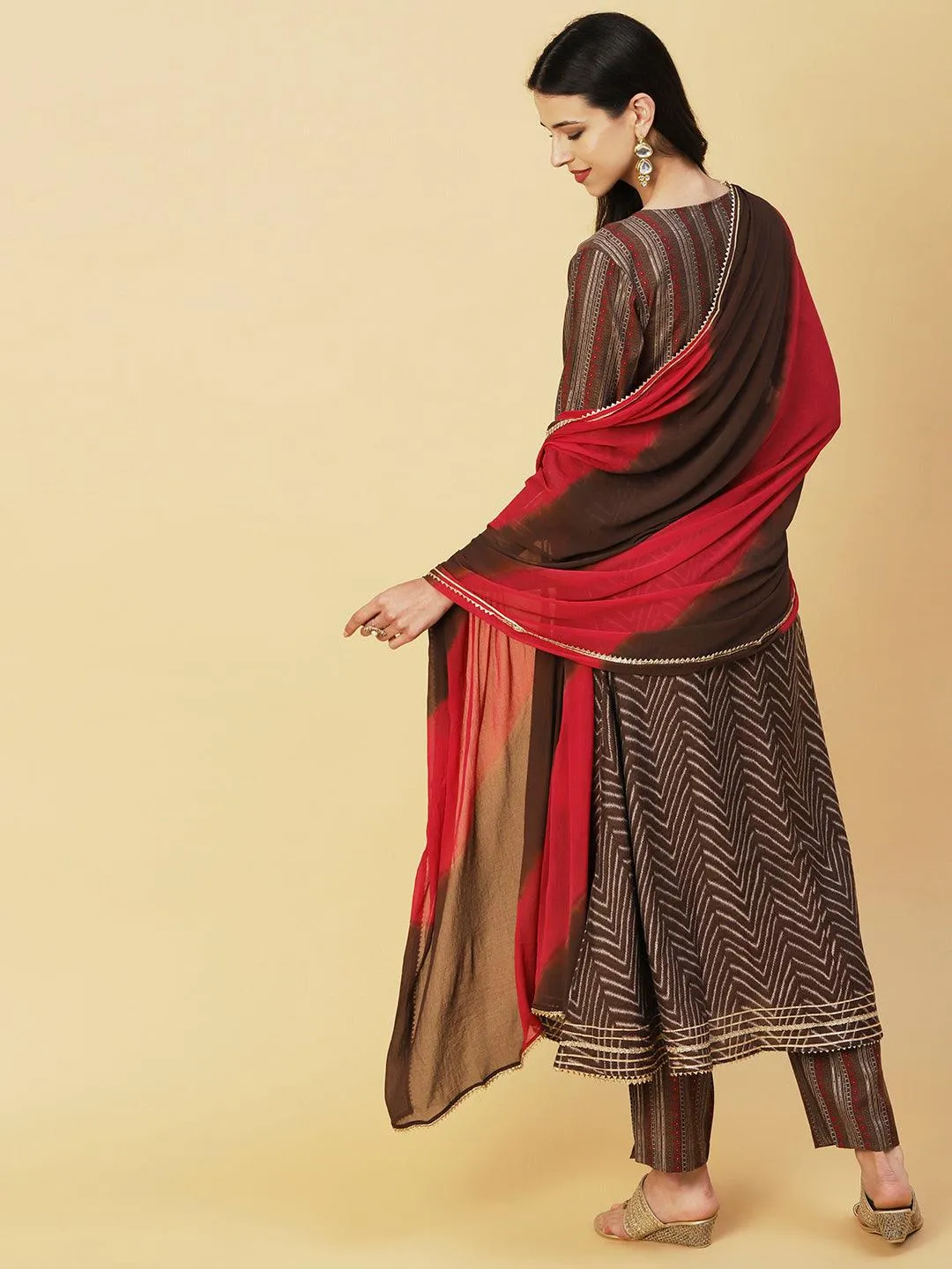 Chevron Printed Mirror & Sequins Embroidered Kurta With Pants & Dupatta - Brown