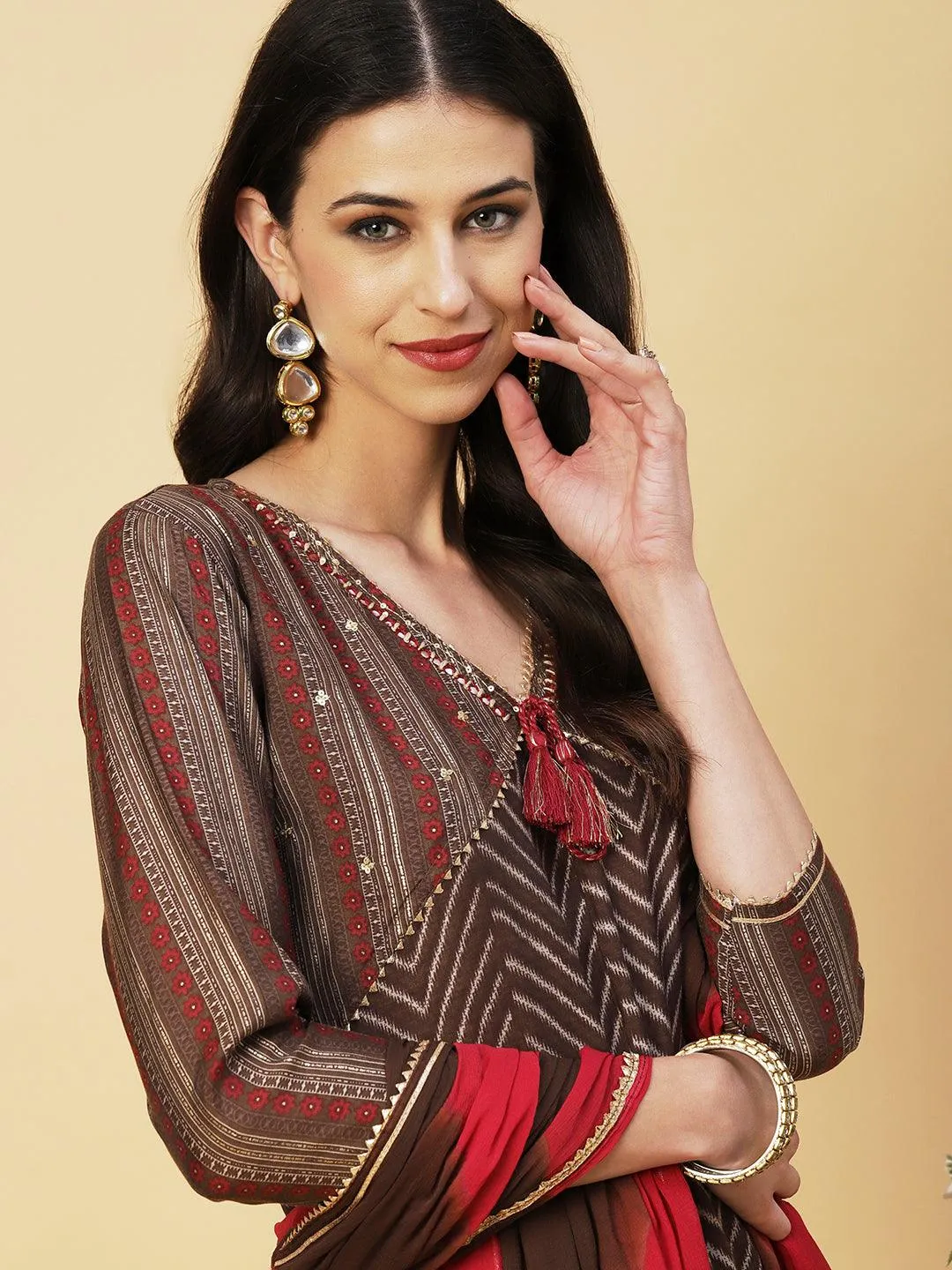 Chevron Printed Mirror & Sequins Embroidered Kurta With Pants & Dupatta - Brown