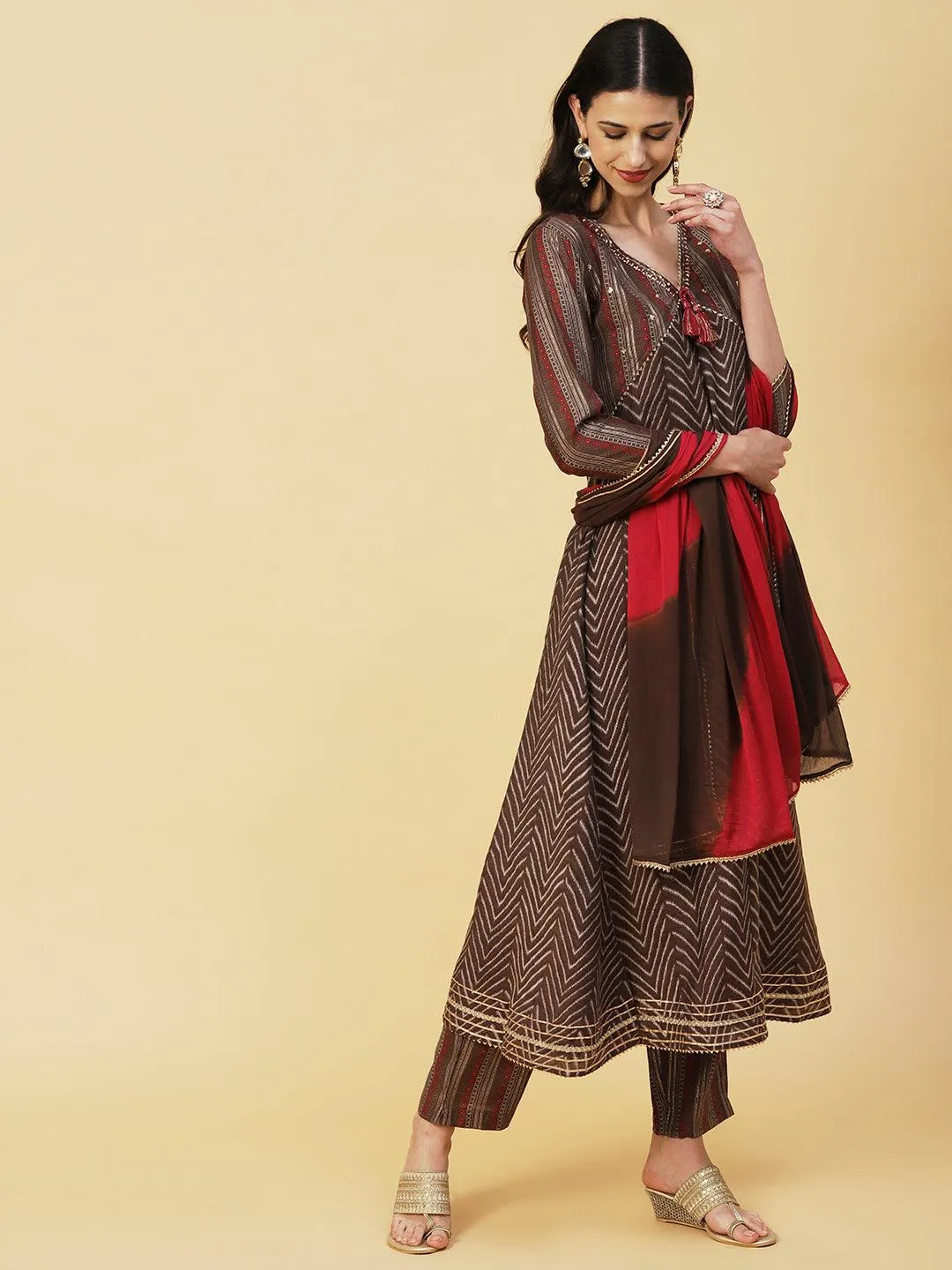 Chevron Printed Mirror & Sequins Embroidered Kurta With Pants & Dupatta - Brown