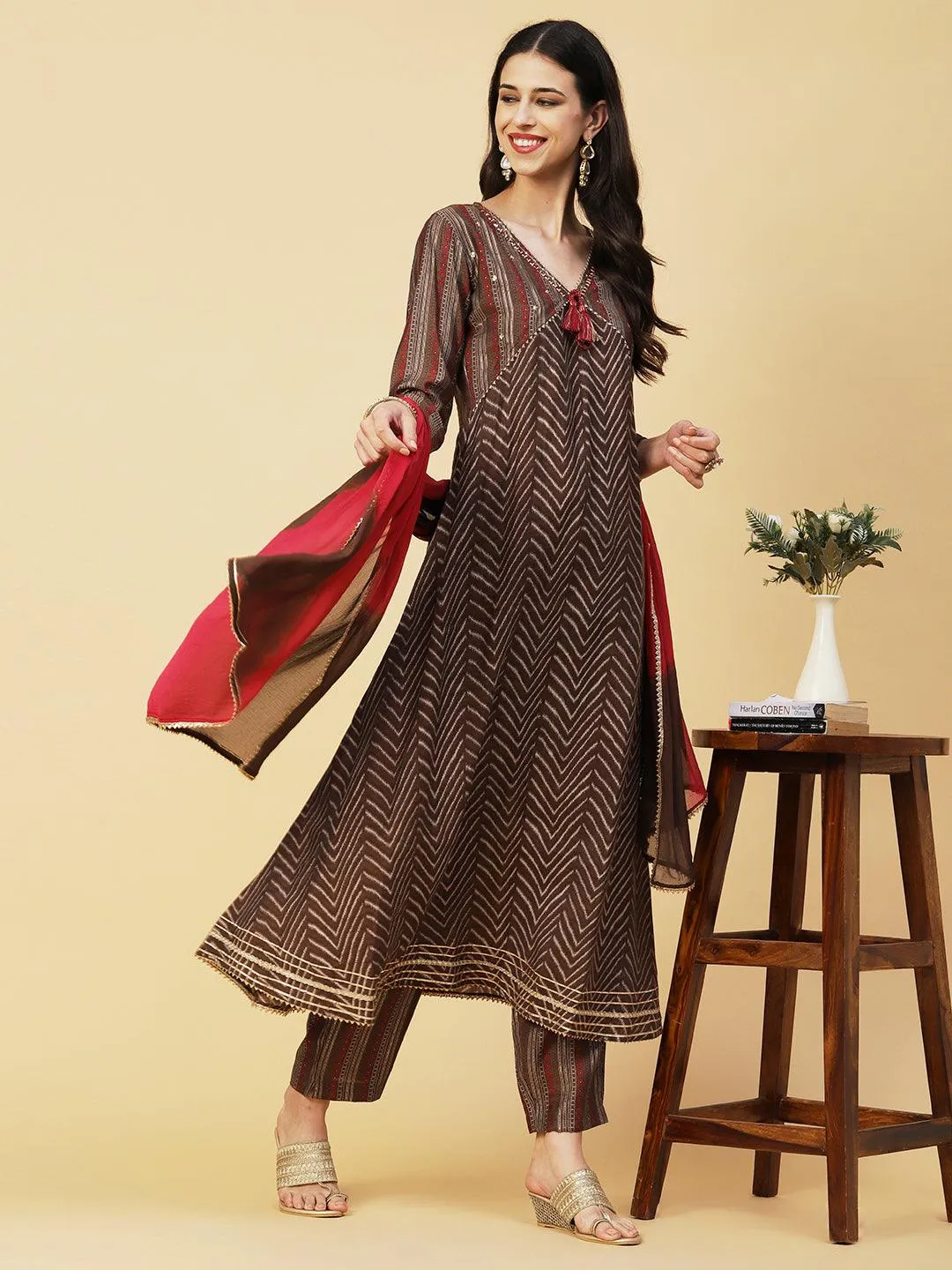 Chevron Printed Mirror & Sequins Embroidered Kurta With Pants & Dupatta - Brown