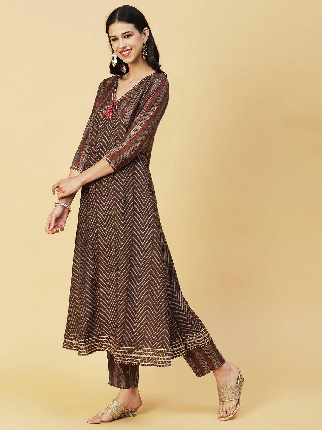 Chevron Printed Mirror & Sequins Embroidered Kurta With Pants & Dupatta - Brown