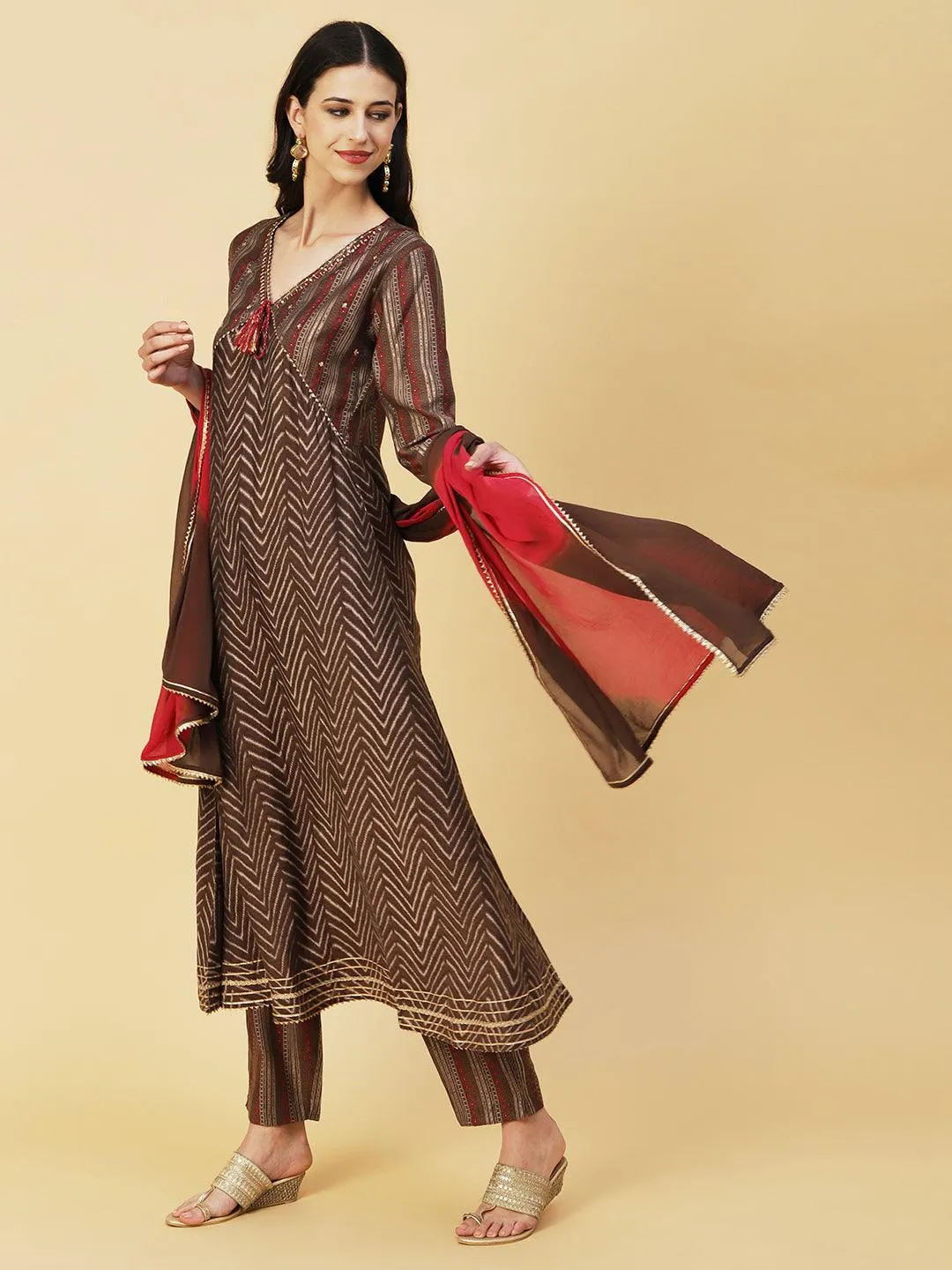 Chevron Printed Mirror & Sequins Embroidered Kurta With Pants & Dupatta - Brown