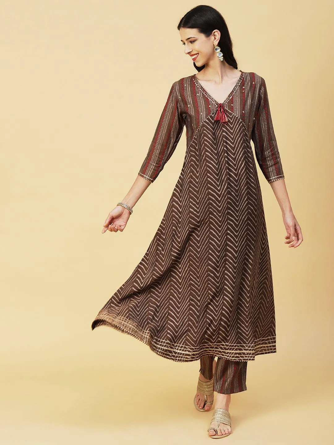 Chevron Printed Mirror & Sequins Embroidered Kurta With Pants & Dupatta - Brown