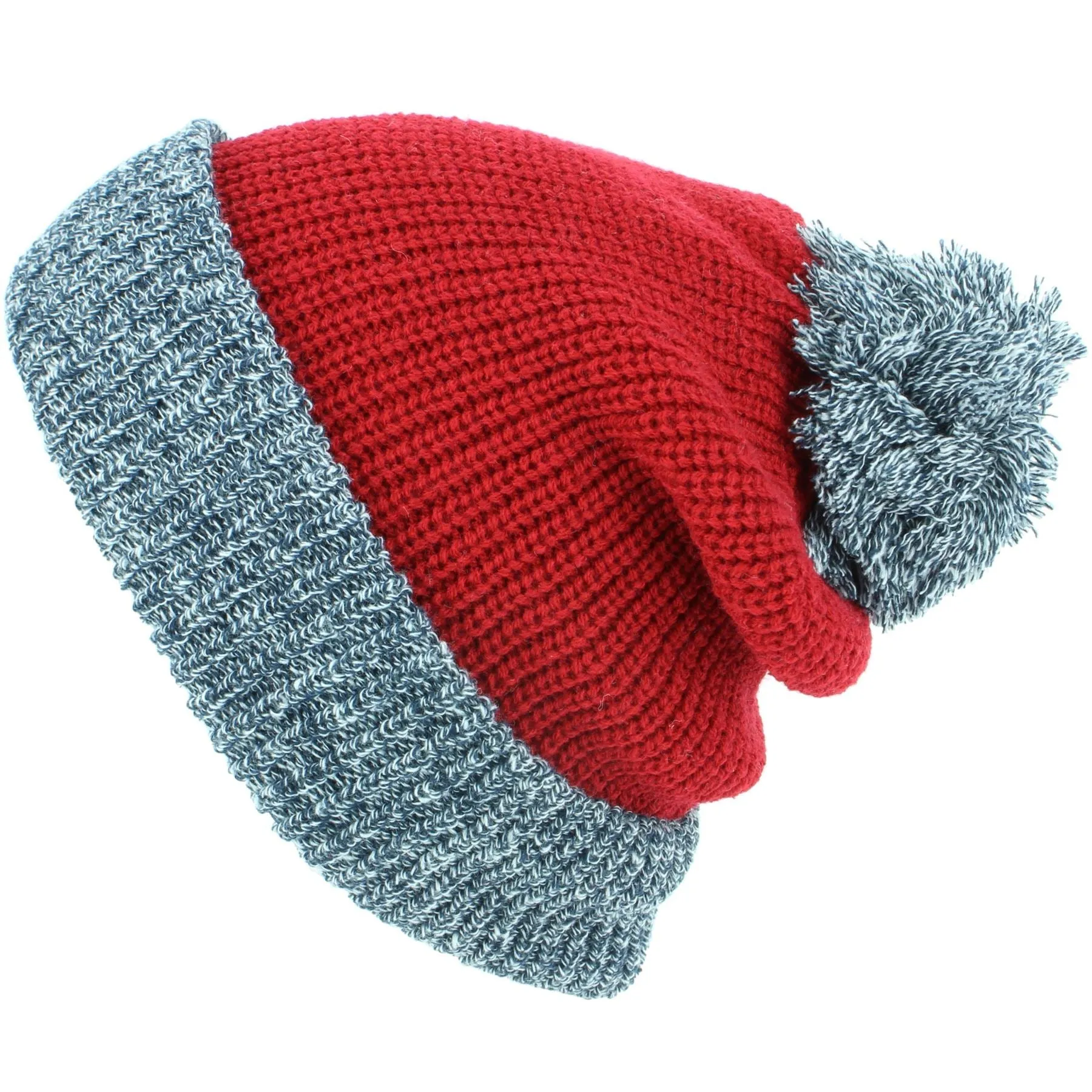 Chunky Double Knit Beanie Hat with Contrast Marl Bobble and Turn-up - Red