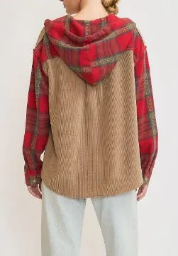 Corduroy Shacket with Plaid Details