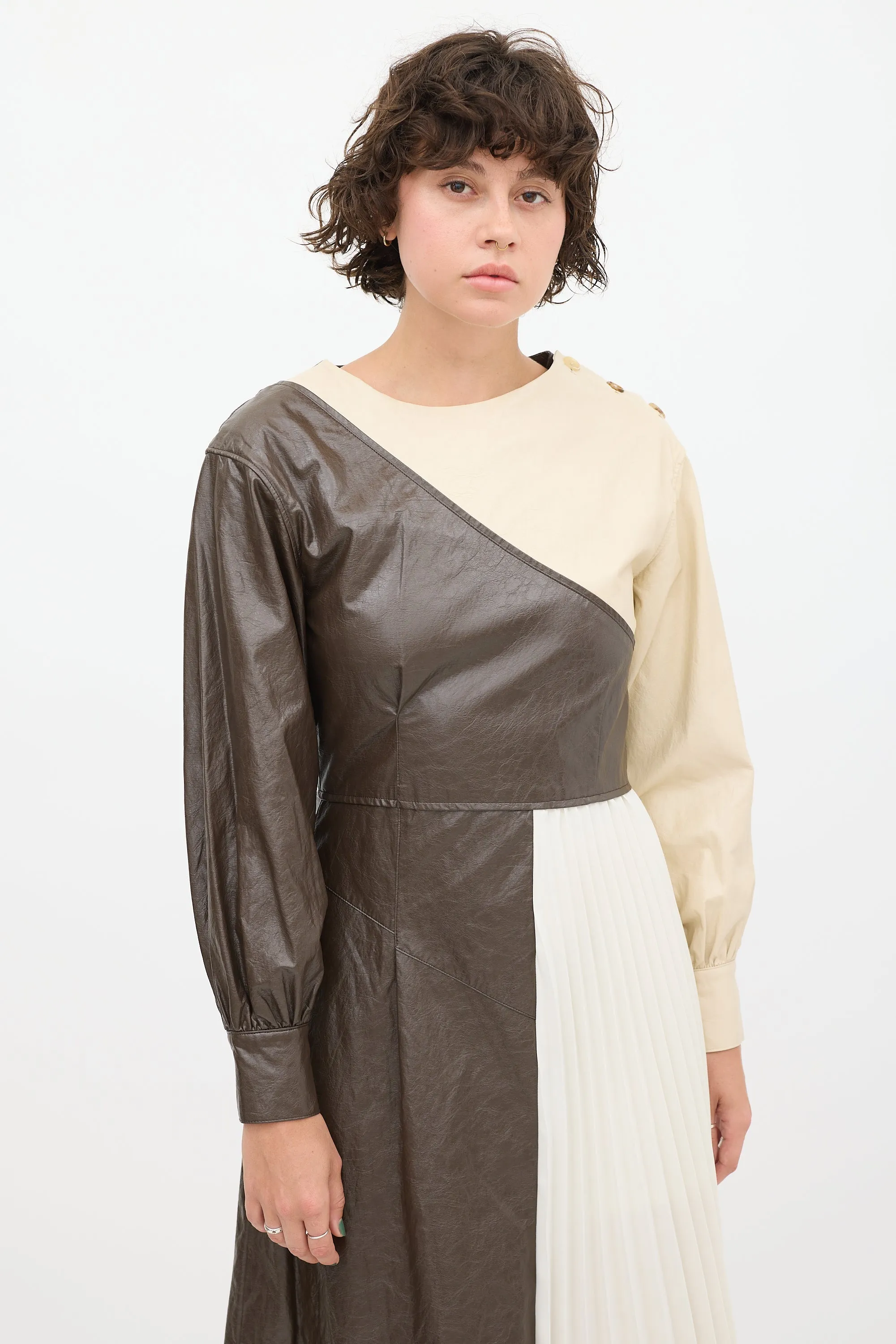 Cream & Brown Faux Leather Pleated Dress