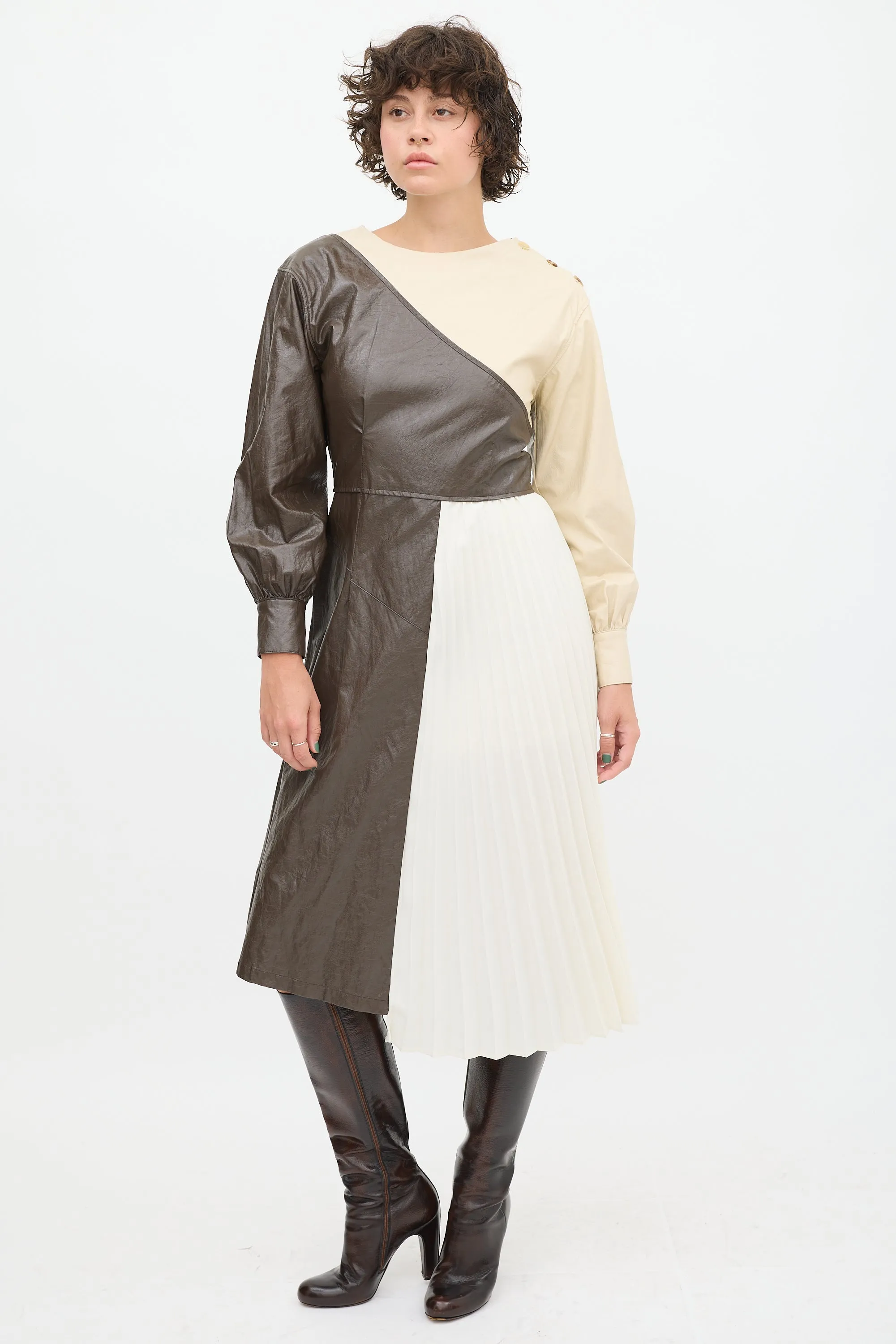 Cream & Brown Faux Leather Pleated Dress