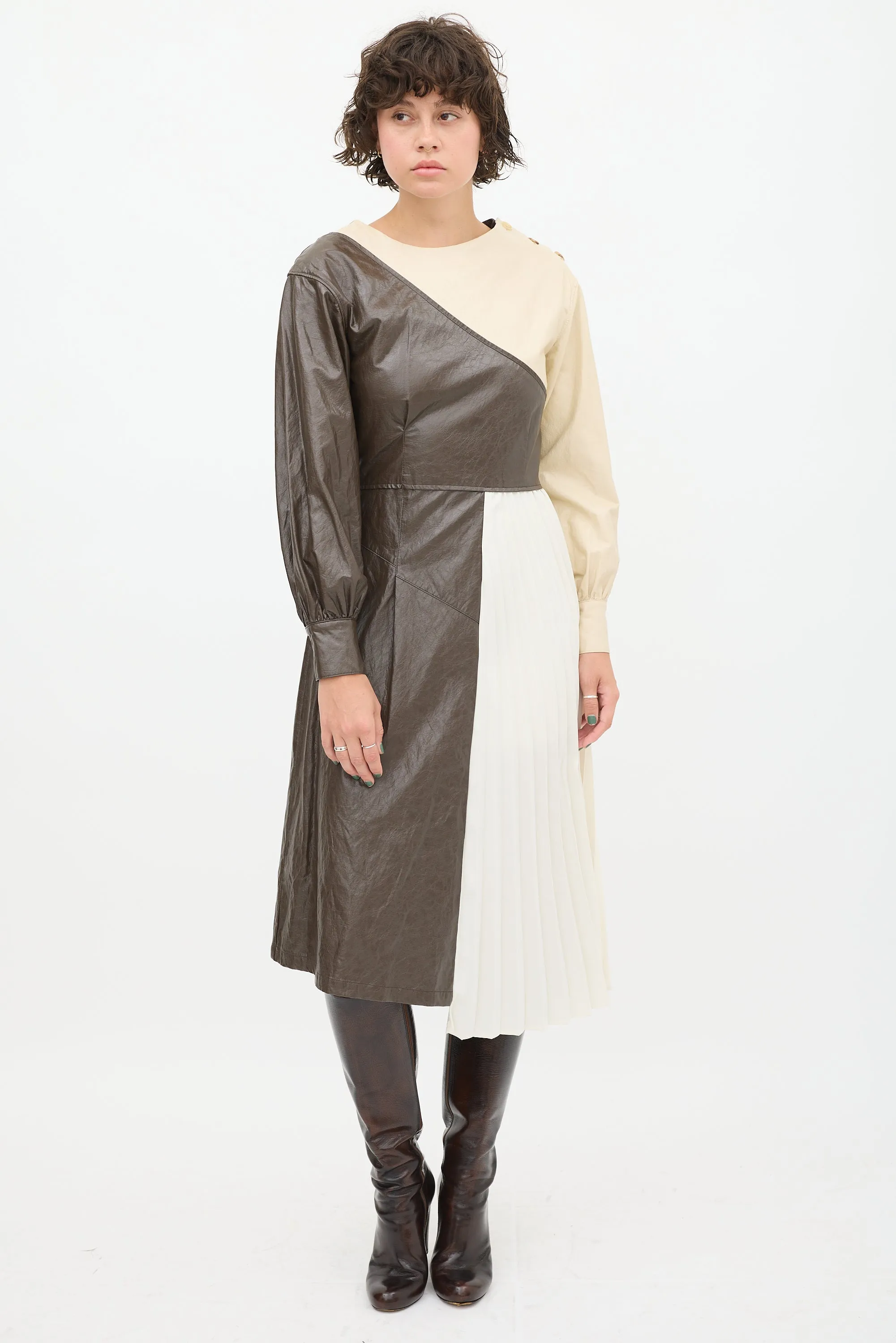 Cream & Brown Faux Leather Pleated Dress