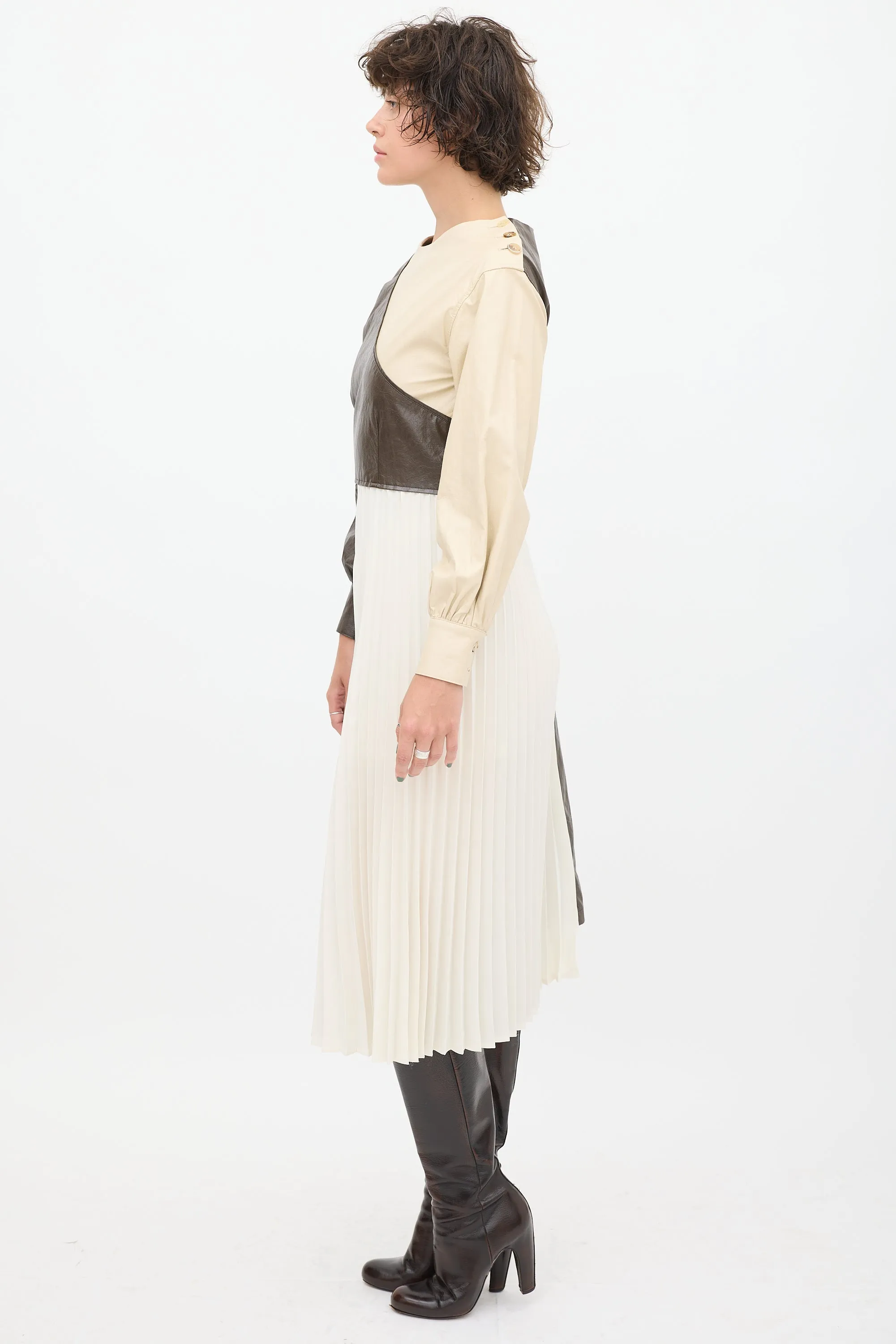 Cream & Brown Faux Leather Pleated Dress