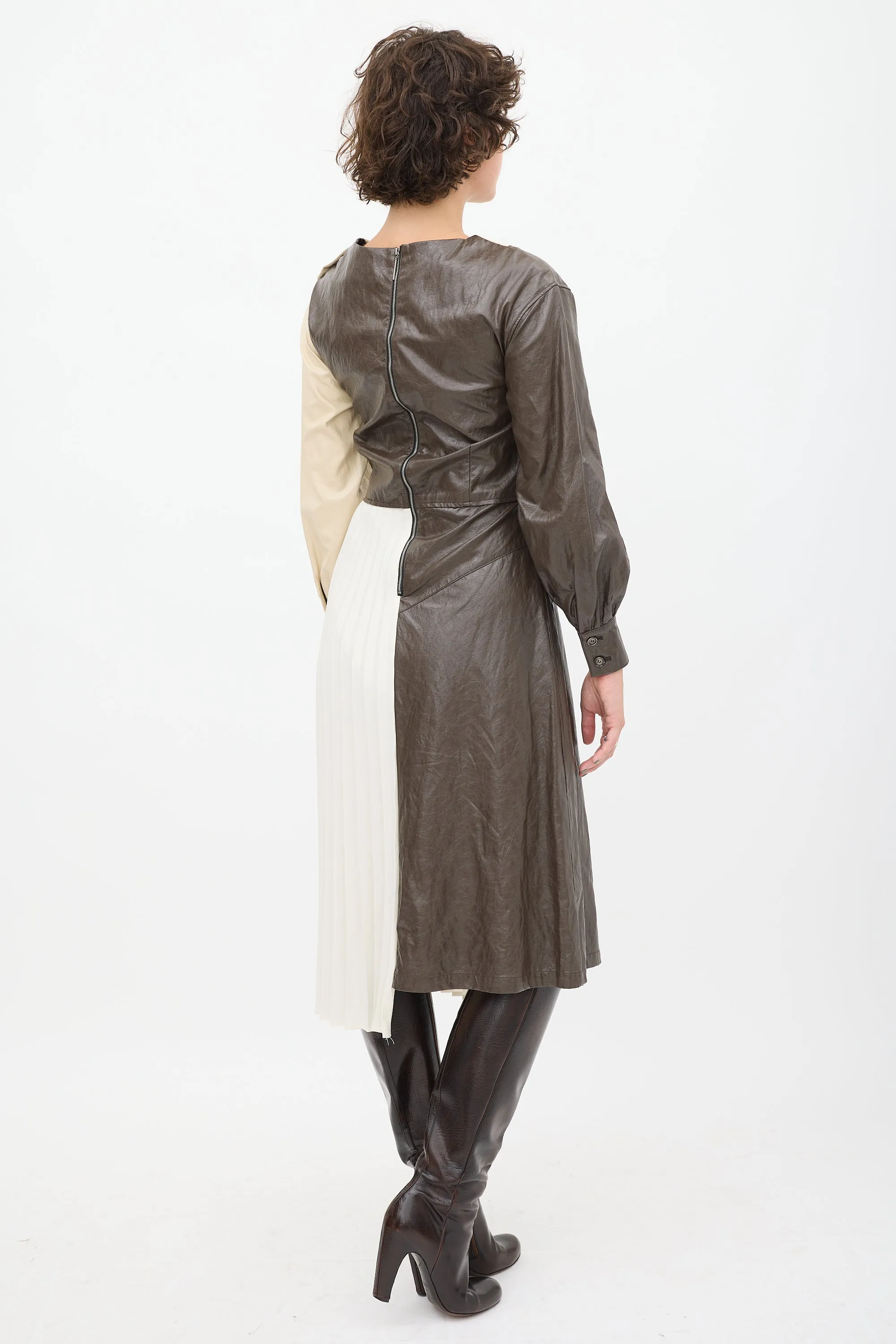 Cream & Brown Faux Leather Pleated Dress