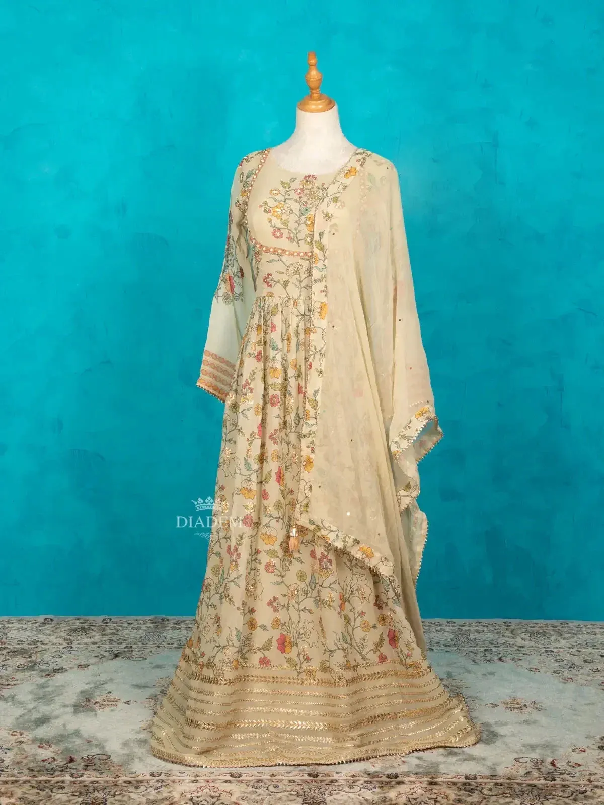 Cream Anarkali Suit Adorned with Prints and Embroidery along with Dupatta