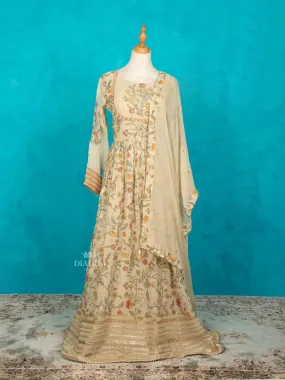 Cream Anarkali Suit Adorned with Prints and Embroidery along with Dupatta