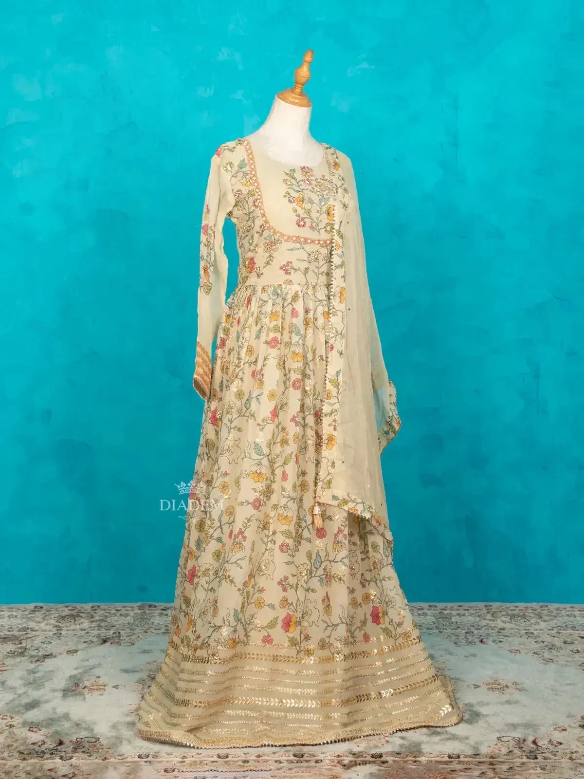 Cream Anarkali Suit Adorned with Prints and Embroidery along with Dupatta