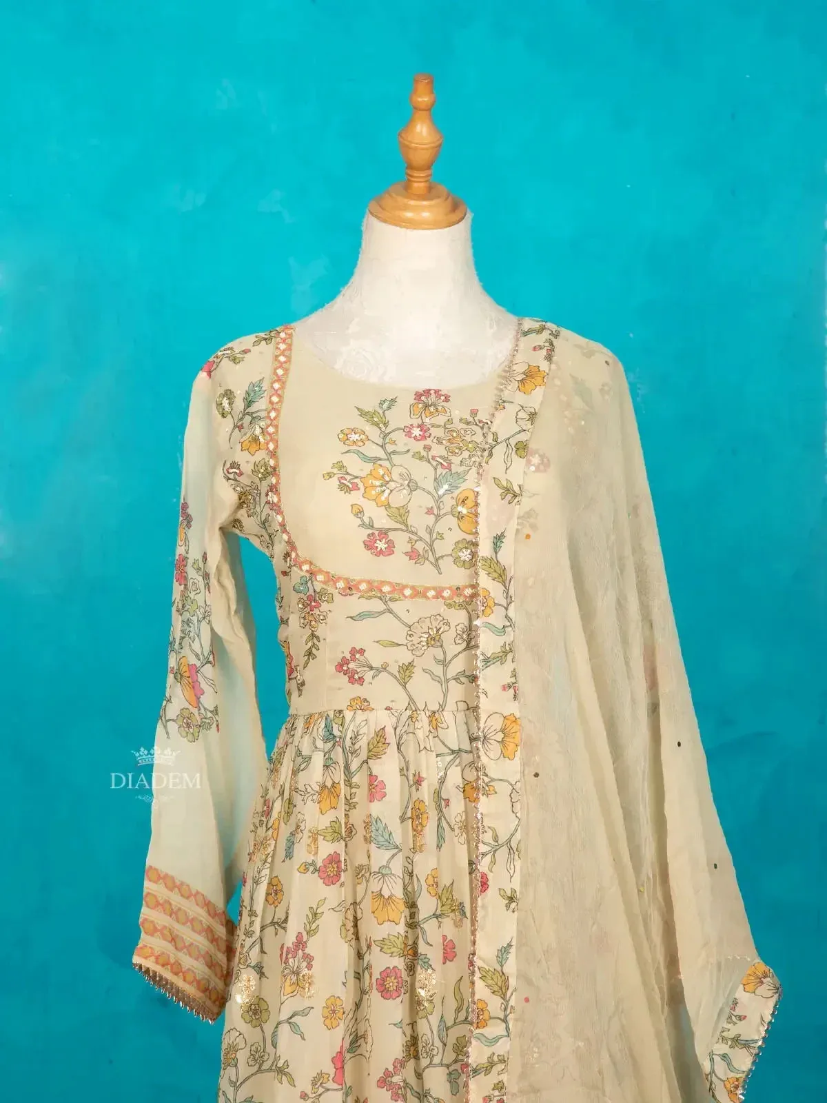 Cream Anarkali Suit Adorned with Prints and Embroidery along with Dupatta