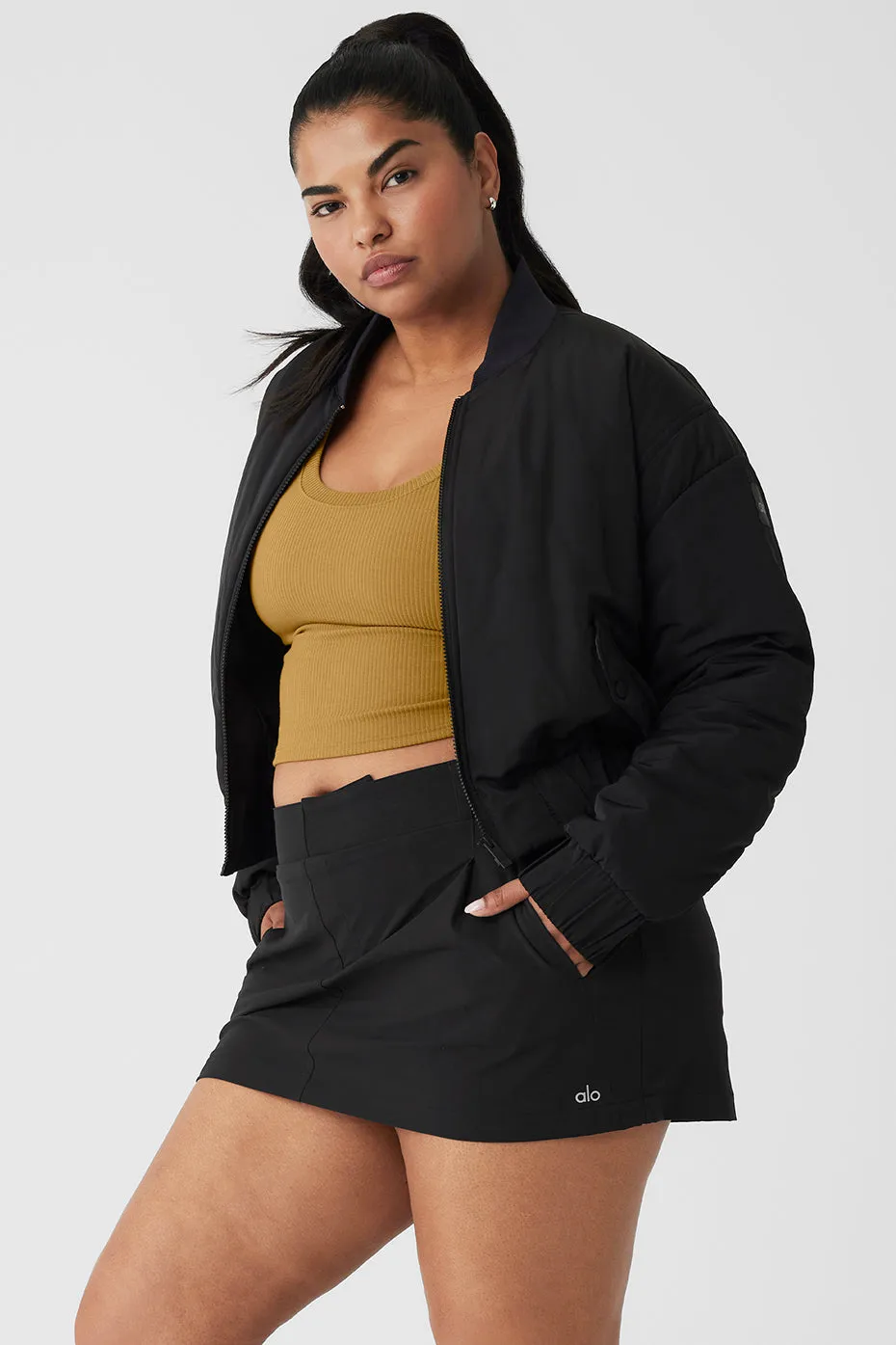 Cropped Break Line Bomber Jacket - Black