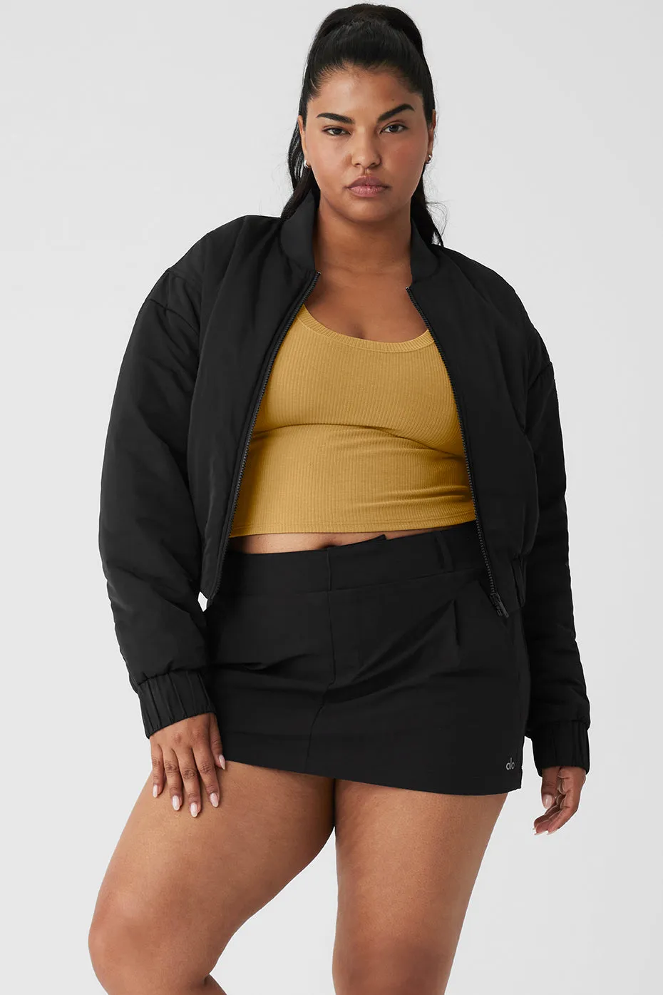 Cropped Break Line Bomber Jacket - Black