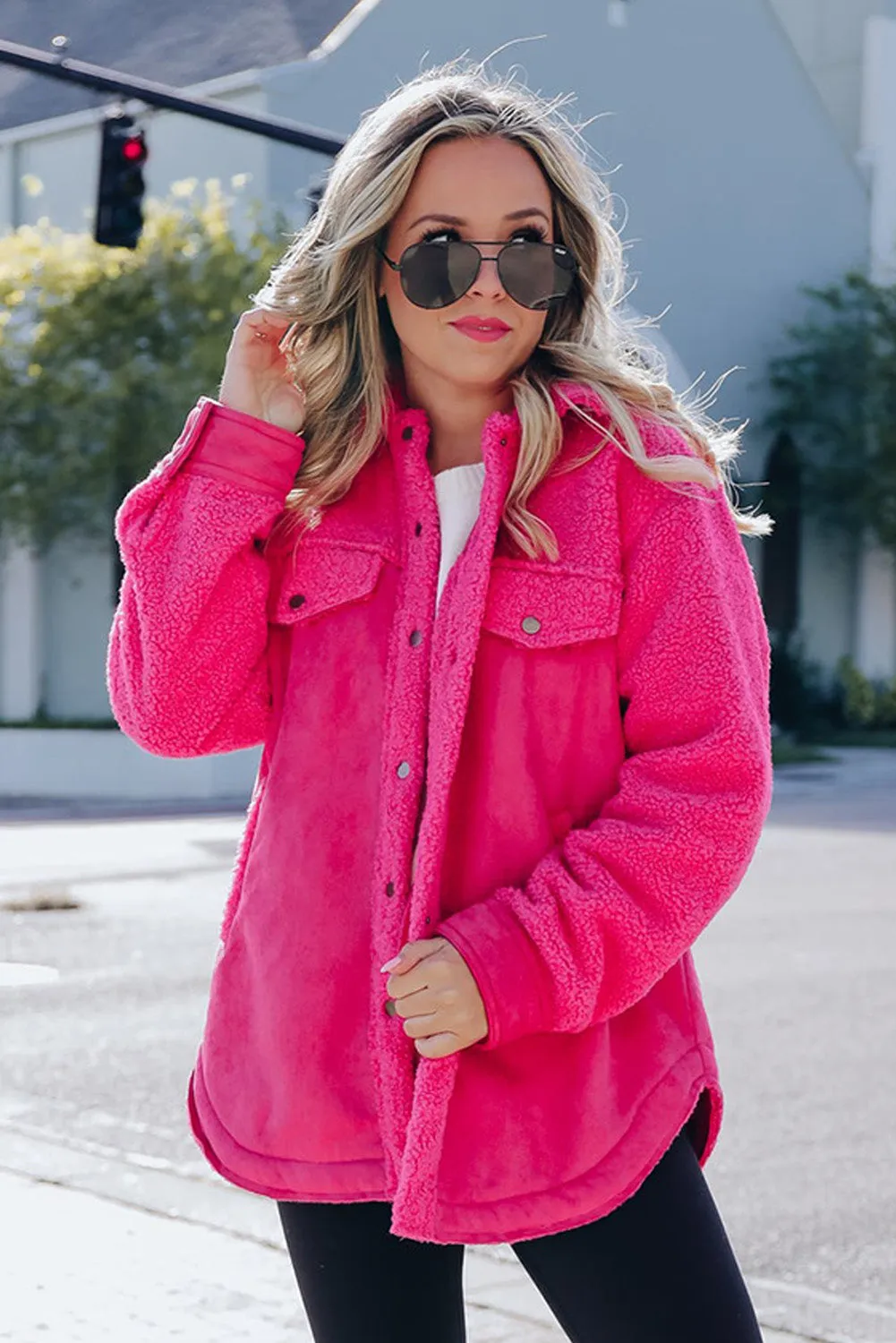 Dark Pink Faux Suede Sherpa Patchwork Button-up Shacket