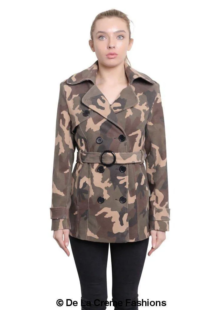 De La Creme - Womens Camo Print Double Breasted Short Coat