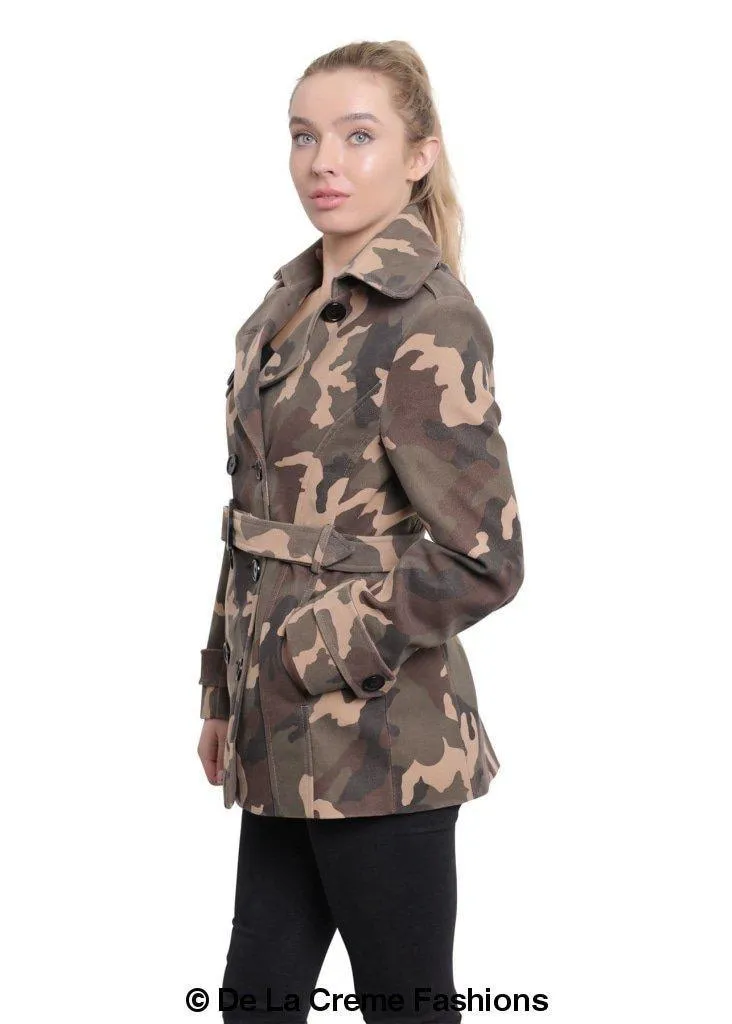 De La Creme - Womens Camo Print Double Breasted Short Coat