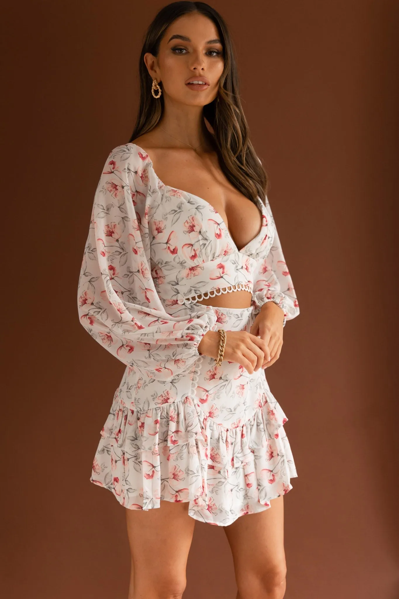 Dearly Beloved Balloon Sleeve Layered Frill Hem Dress Flower Print White