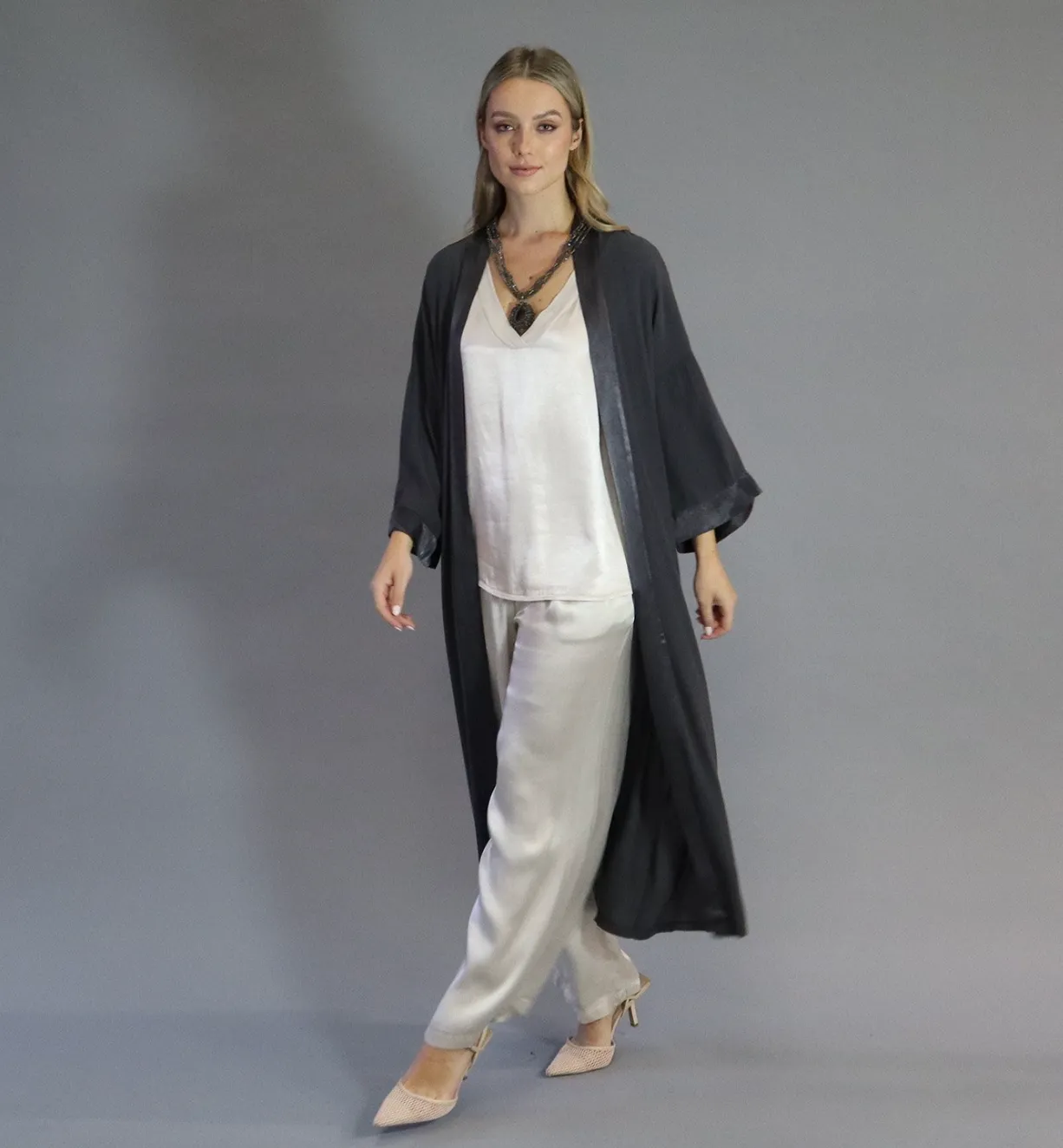 D.E.C.K By Decollage 22247 Long Satin Trim Duster Coat (4 Colours)