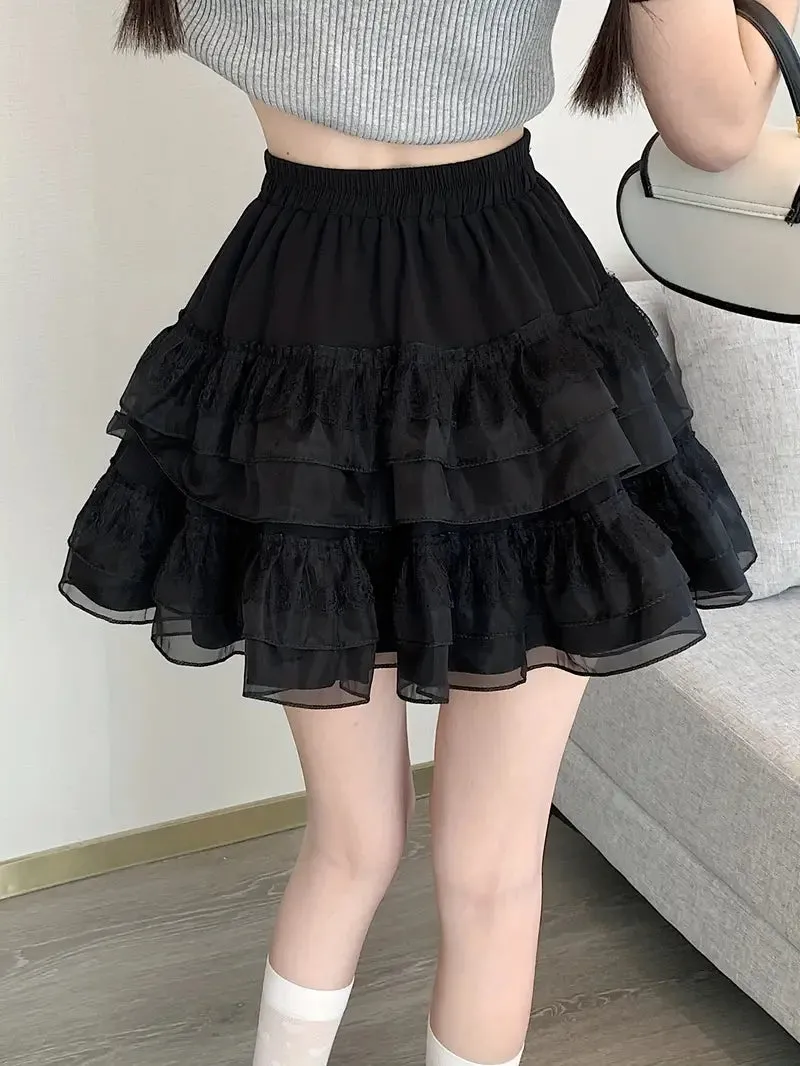 Elastic Waist Lace Decor Tiered Mini Tutu Skirt