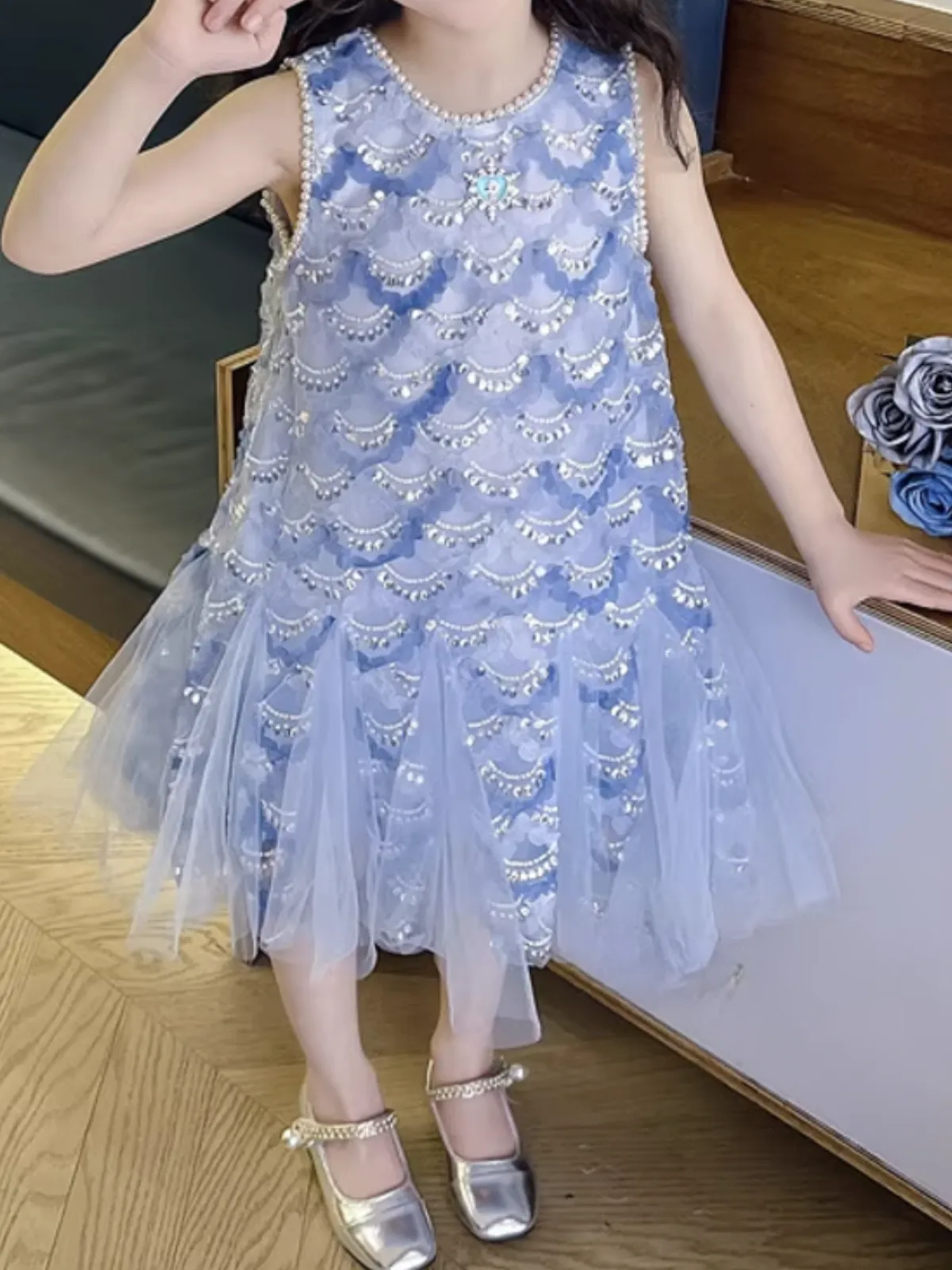 Elegant Blue Sequin Tulle Dress with Pearl Neckline