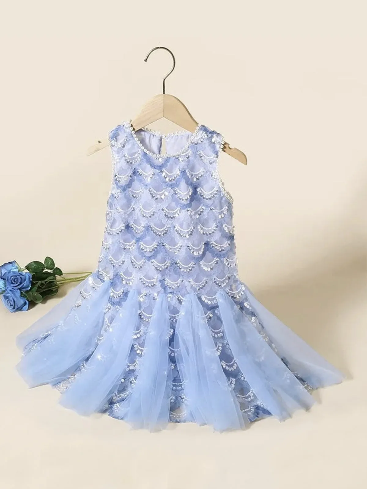 Elegant Blue Sequin Tulle Dress with Pearl Neckline