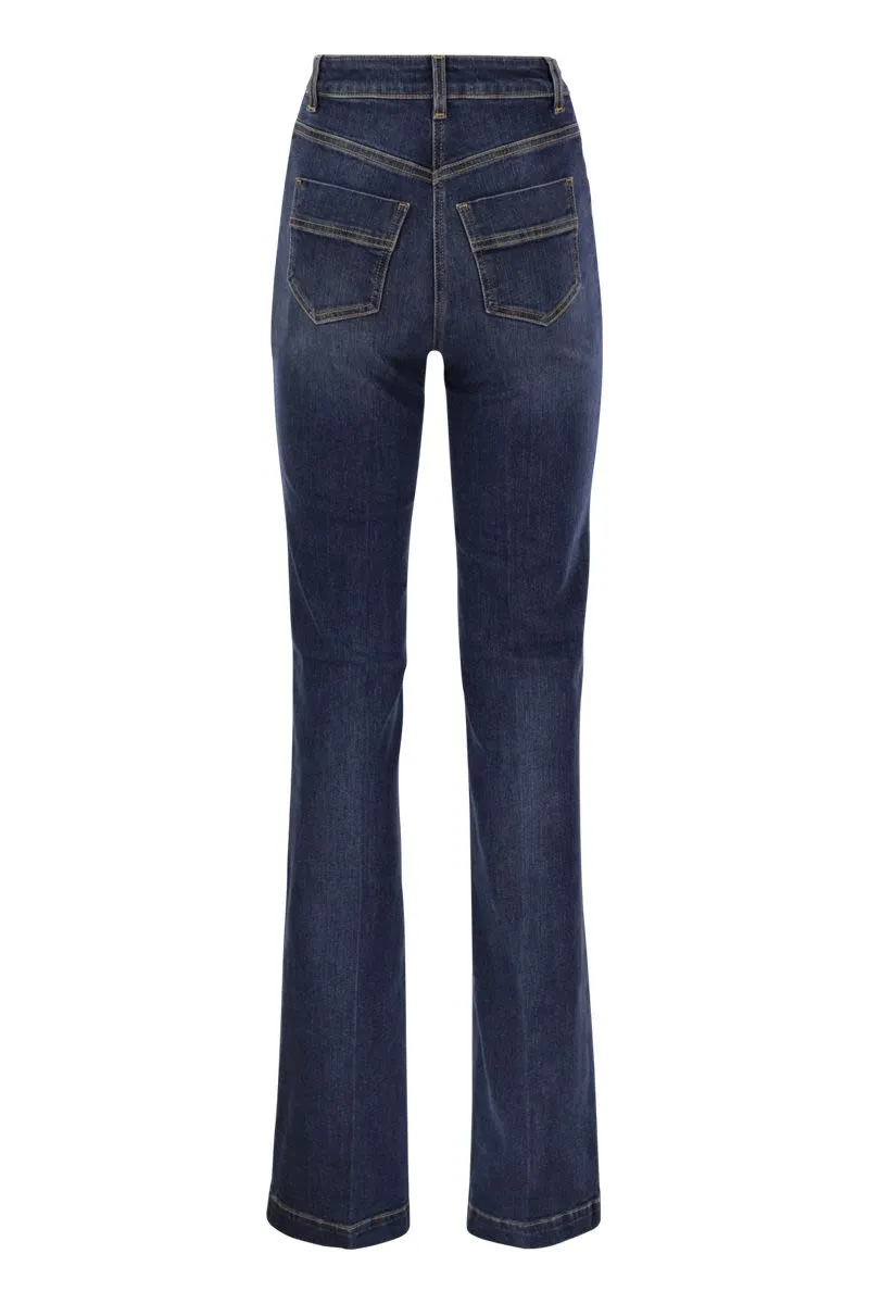 ELISABETTA FRANCHI High Waist Flared Stretch Cotton Jeans with Side Button Fastening