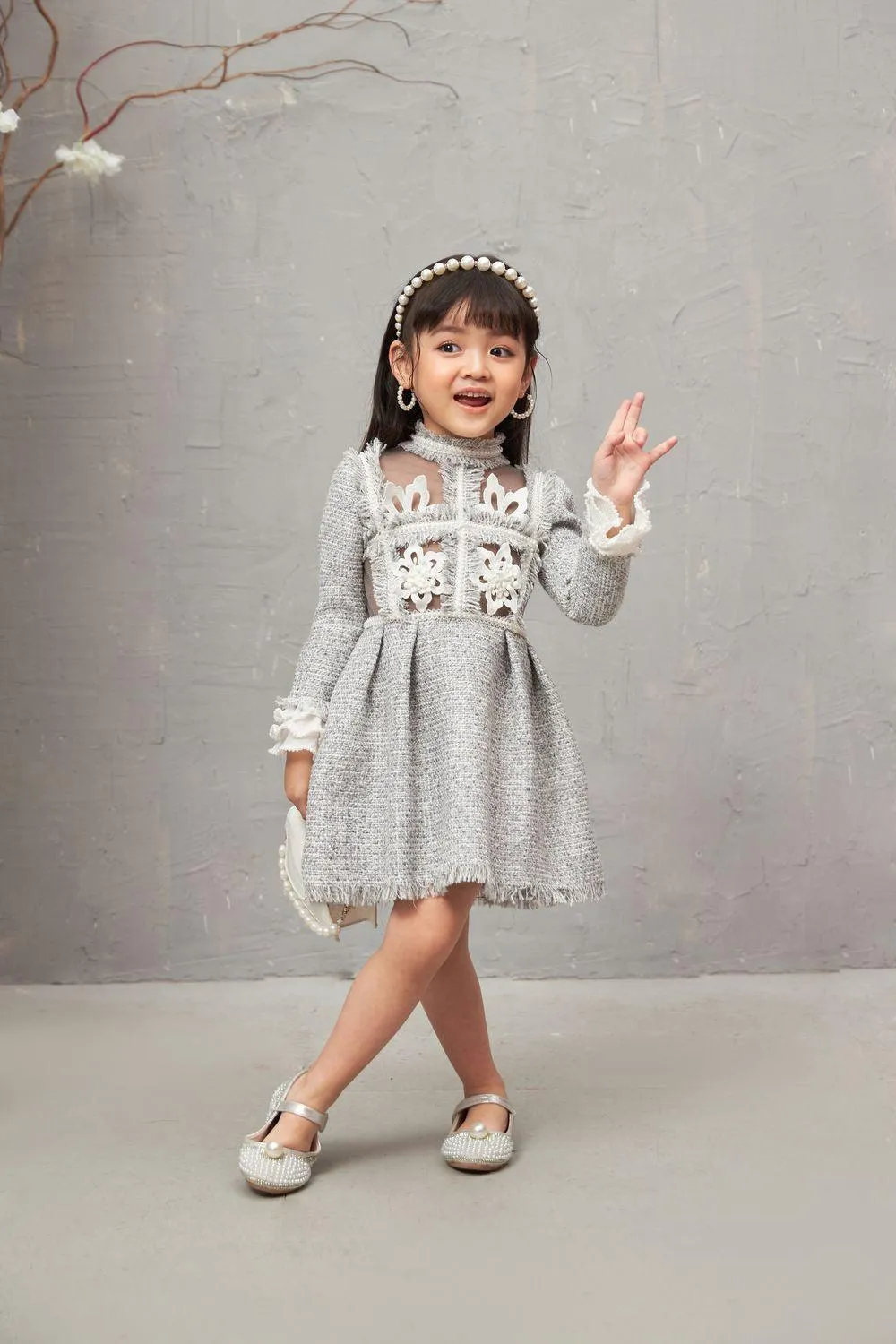 Esther A-line Long Sleeved Tweed Baby Girl Knee-length Dress