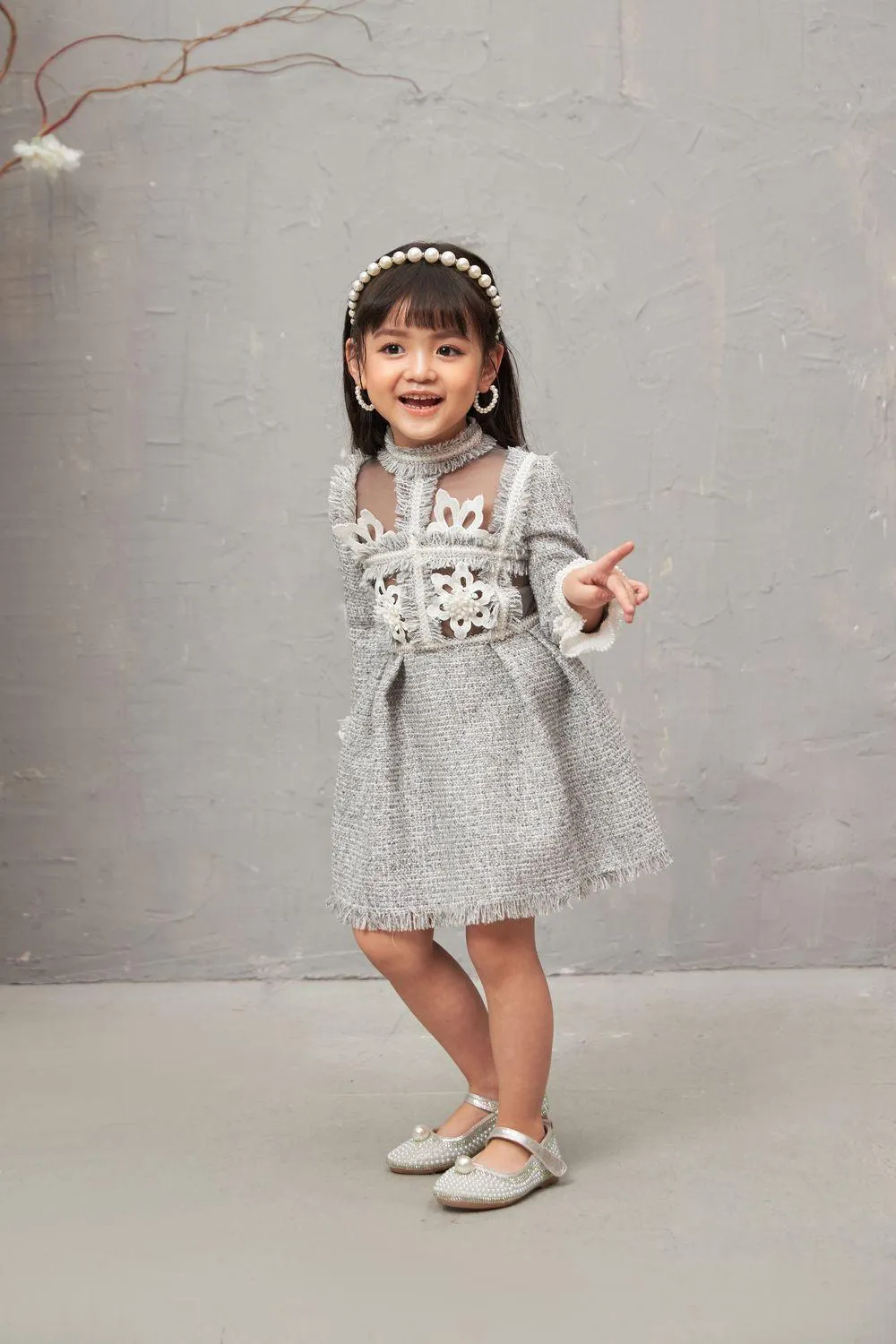 Esther A-line Long Sleeved Tweed Baby Girl Knee-length Dress