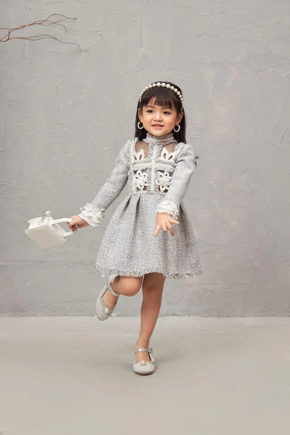 Esther A-line Long Sleeved Tweed Baby Girl Knee-length Dress