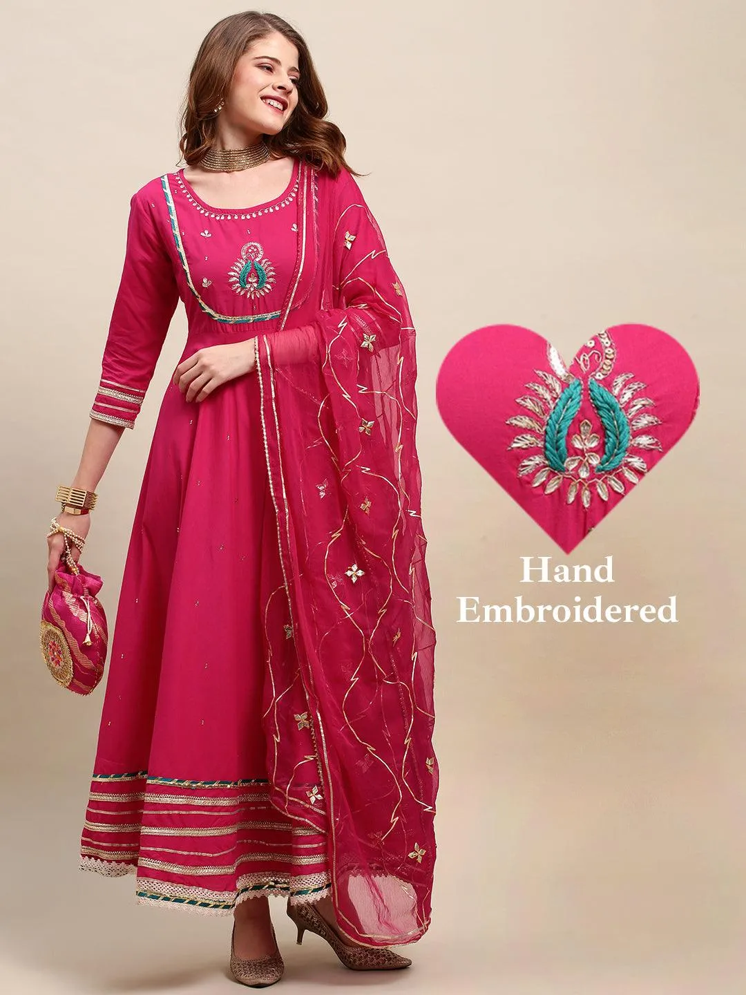 Ethnic Hand Embroidered Flared Kurta with Pants and Dupatta - Hot Pink