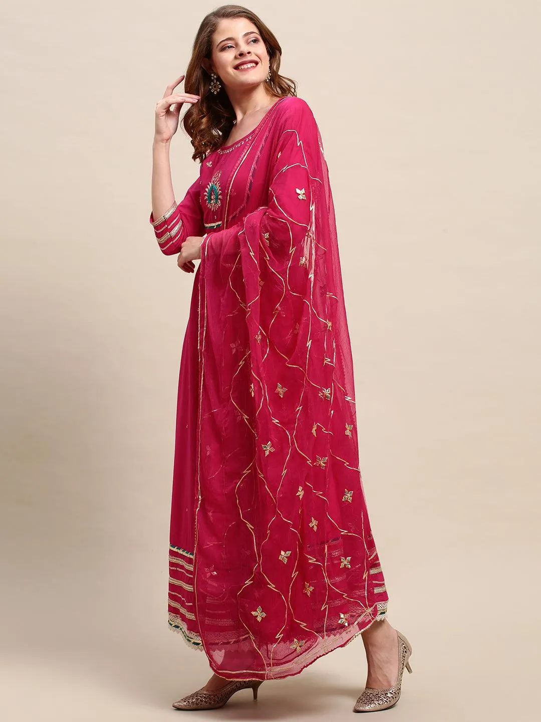 Ethnic Hand Embroidered Flared Kurta with Pants and Dupatta - Hot Pink