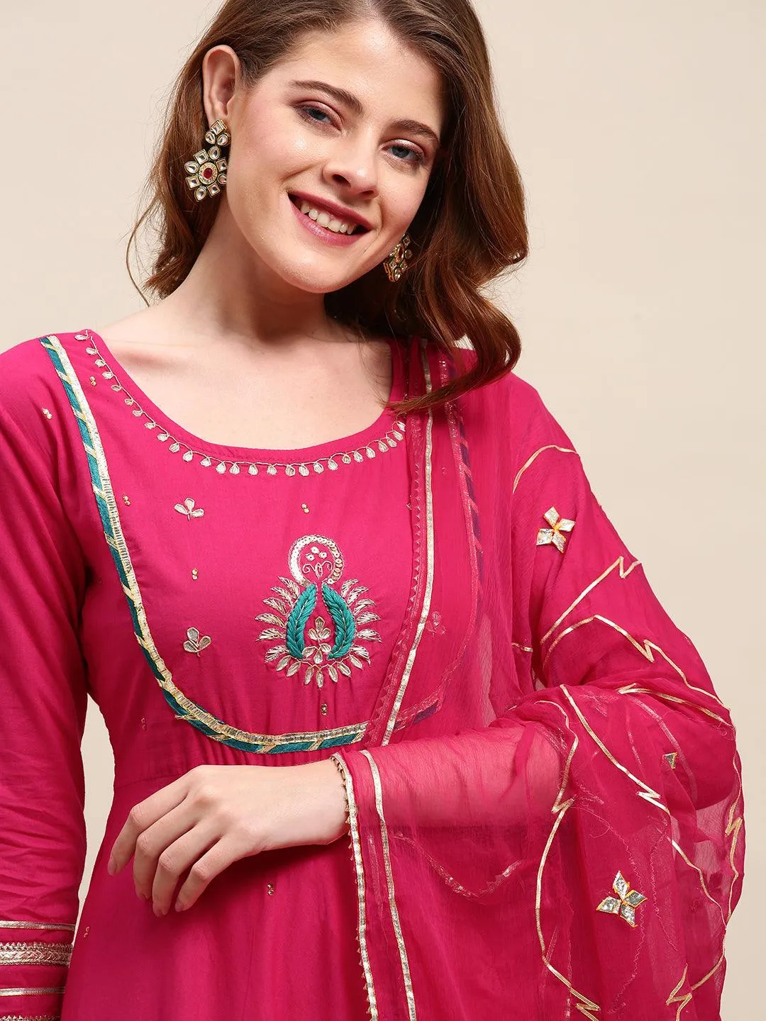 Ethnic Hand Embroidered Flared Kurta with Pants and Dupatta - Hot Pink