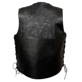 Event Leather ELM3940 Black Motorcycle Leather Side Lace Vest for Men w/ Eagle Head and Stars Emboss