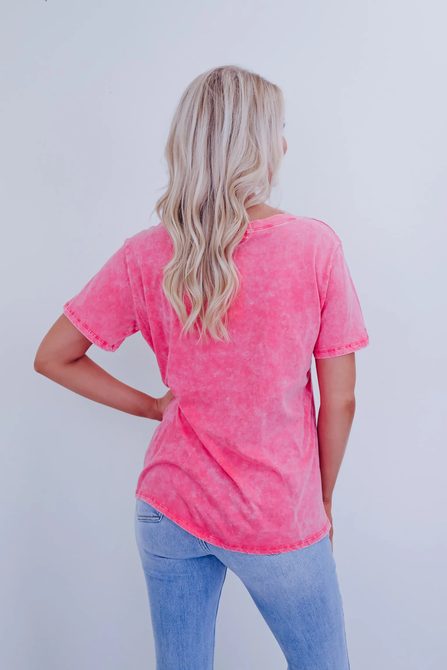 Evie V-neck Acid Washed Top - Pink