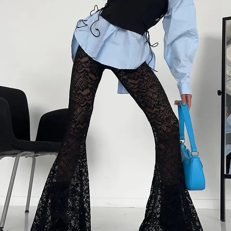 Fashion Black Skinny Lace Trousers Full Length Solid Transparent Sexy Party Thin Flared Pants Vintage Elegant Bottoms