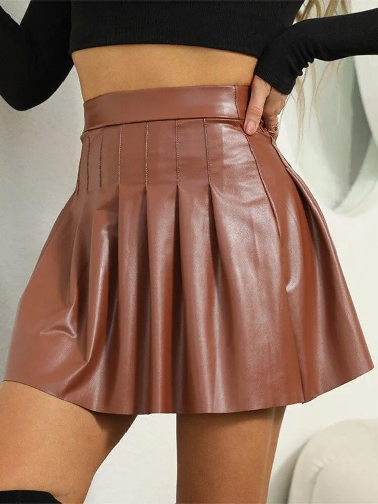 Fashion PU Leather Mini Skirt Elegant Solid Pleated Skirts