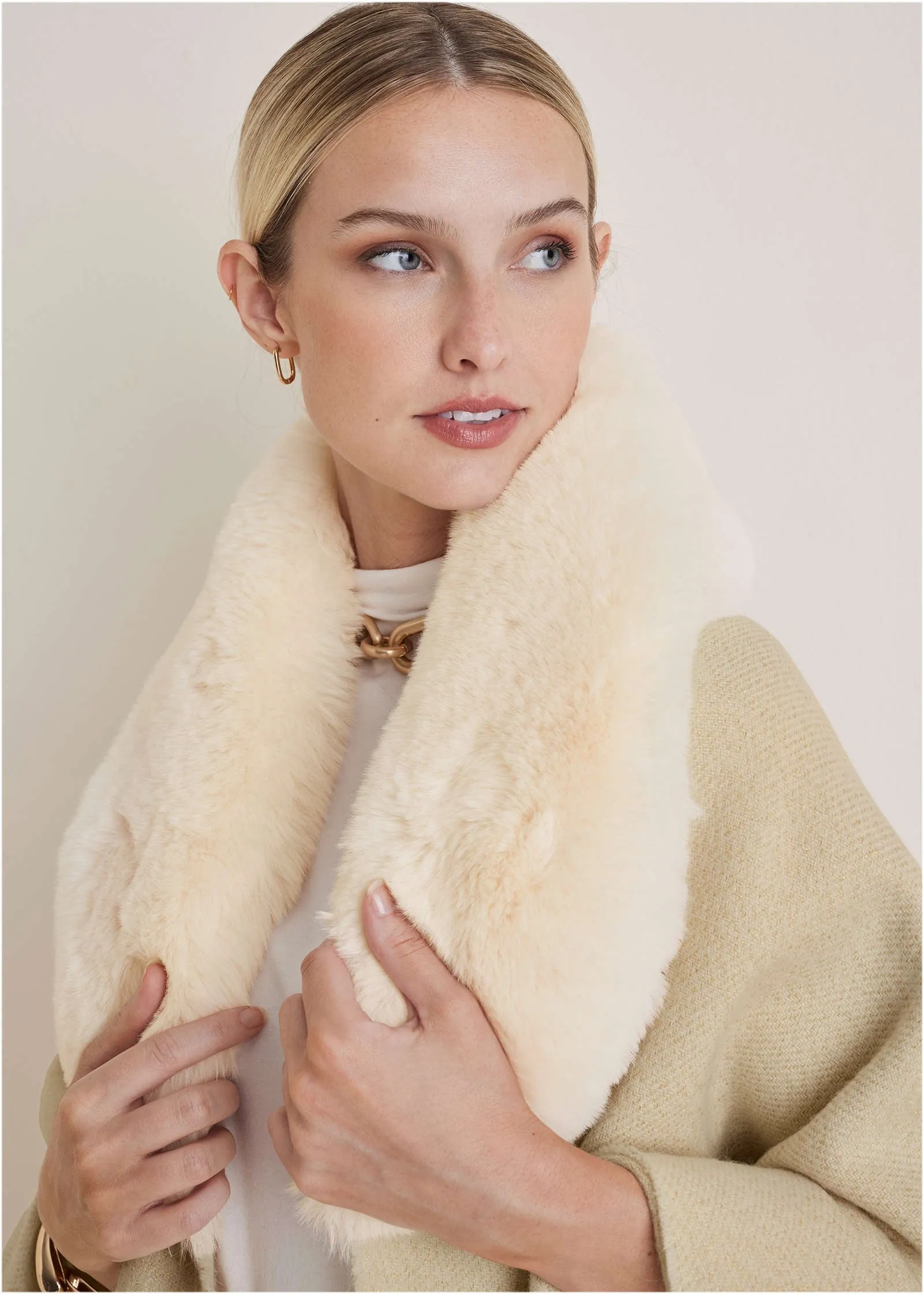 Faux-Fur Trim Wrap - Cream