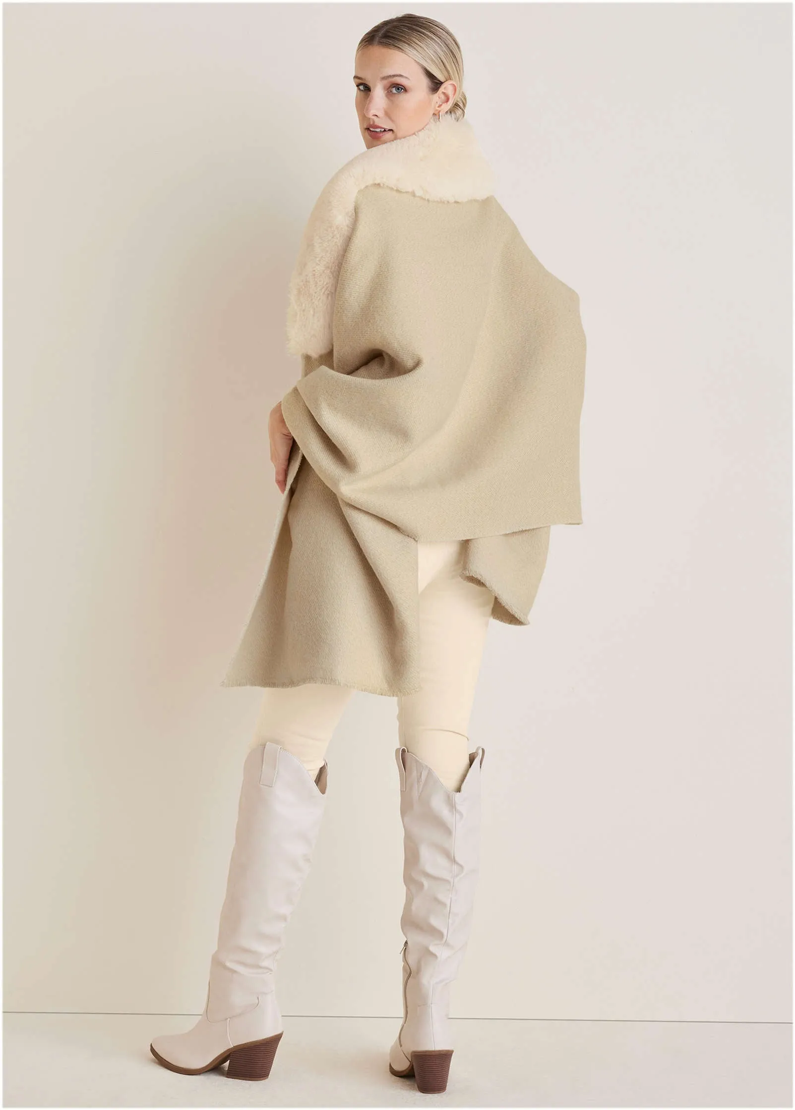 Faux-Fur Trim Wrap - Cream