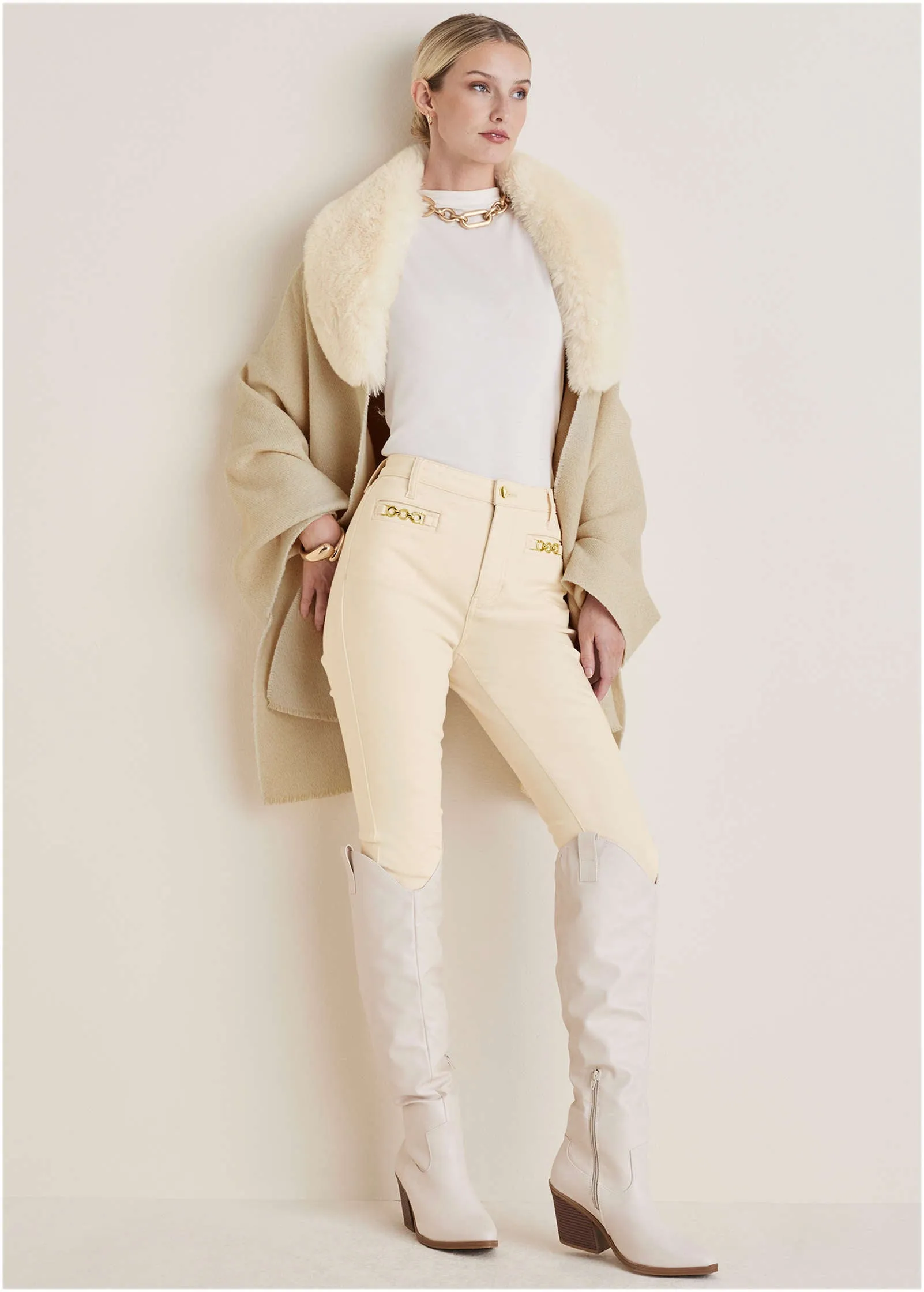 Faux-Fur Trim Wrap - Cream