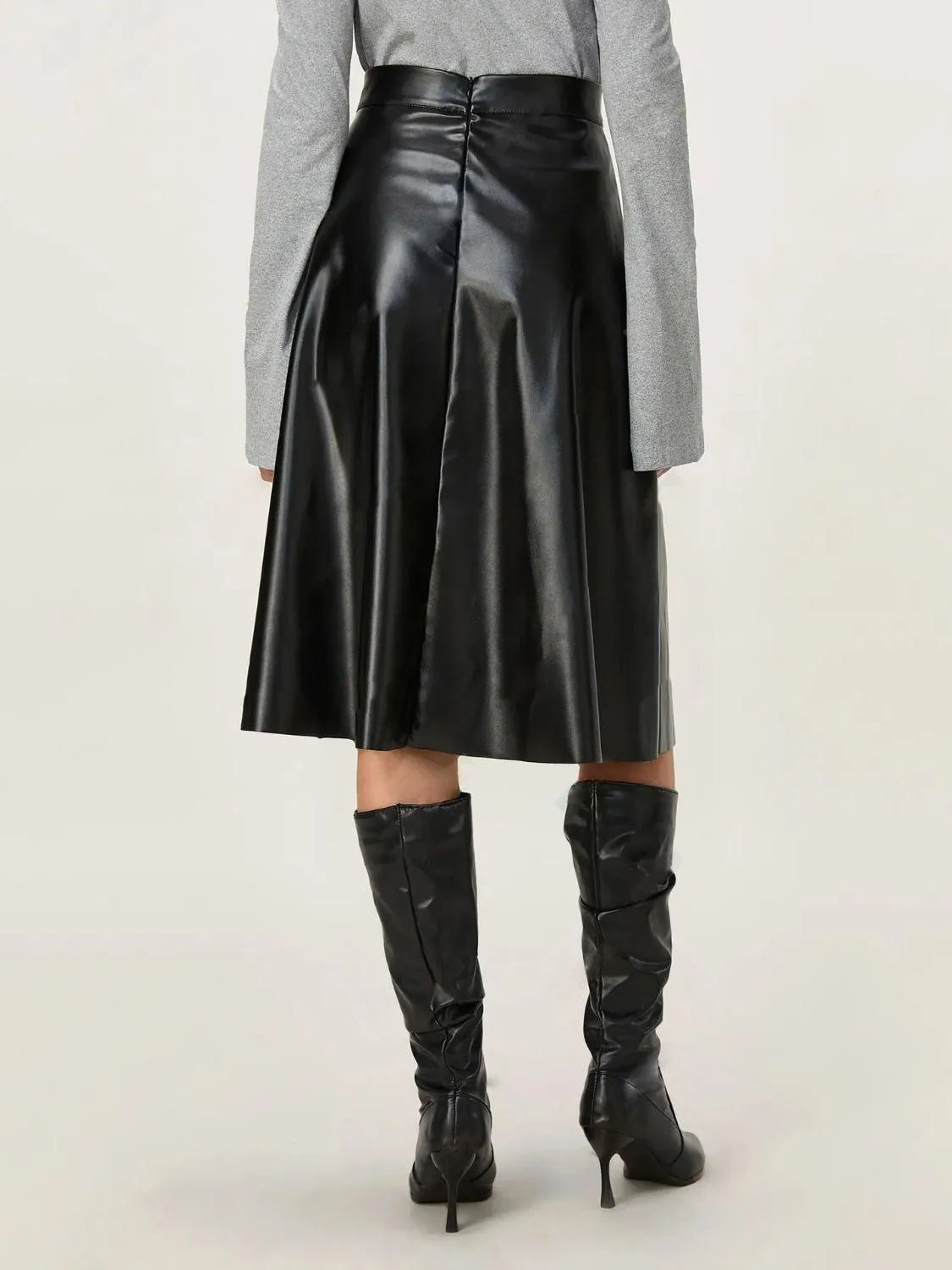 Faux Leather Pleated Skirt A-Line High Waist Zipper Women Skirts