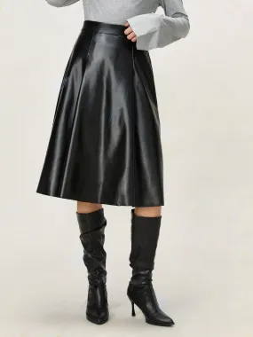 Faux Leather Pleated Skirt A-Line High Waist Zipper Women Skirts