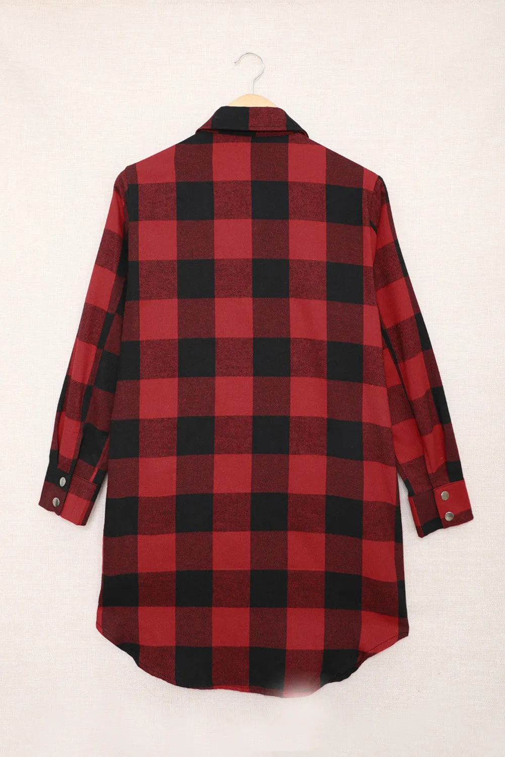 Fiery Red Turn-down Collar Plaid Shirt Coat