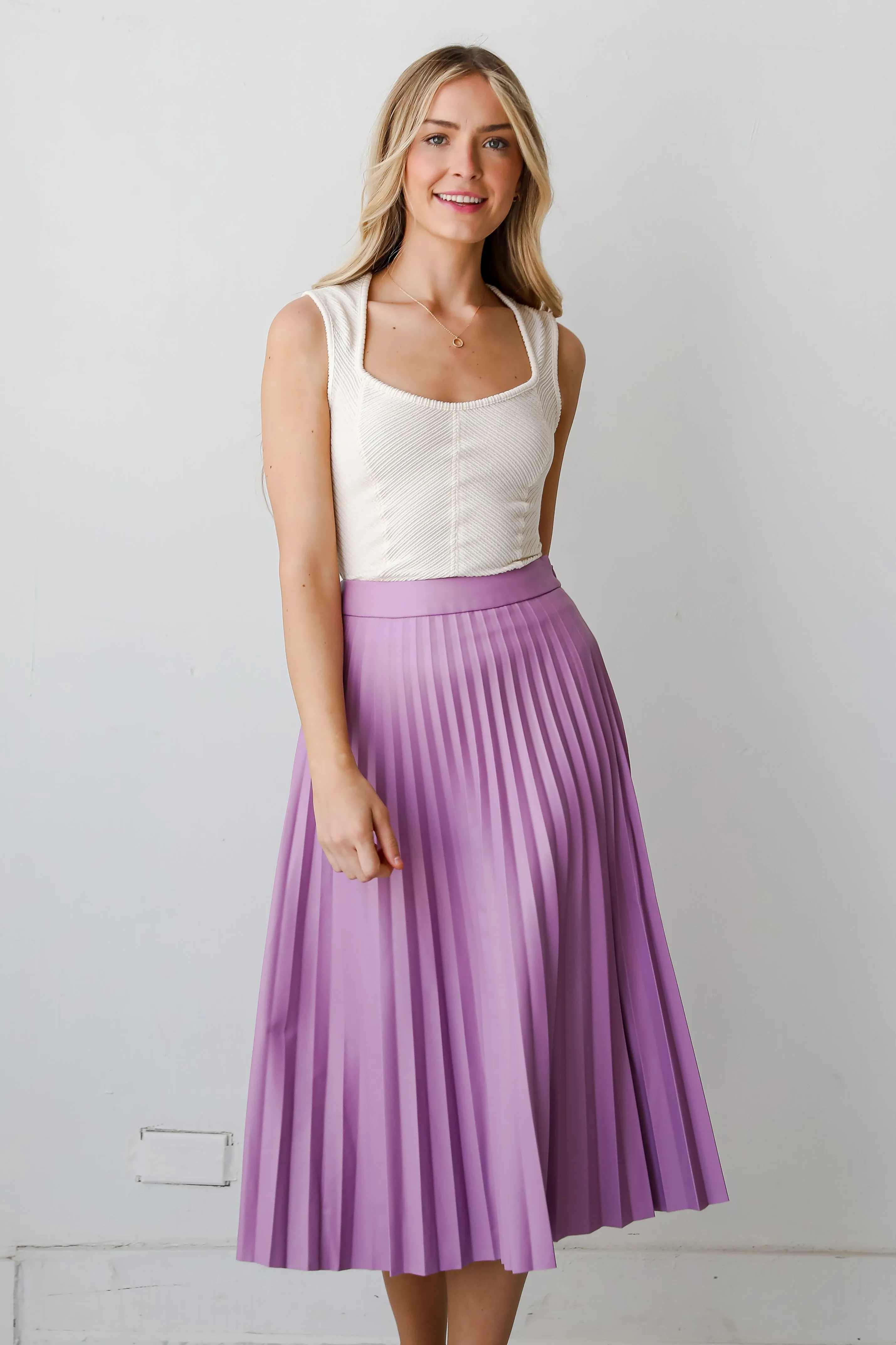 FINAL SALE - Trendy Ease Lavender Leather Pleated Midi Skirt