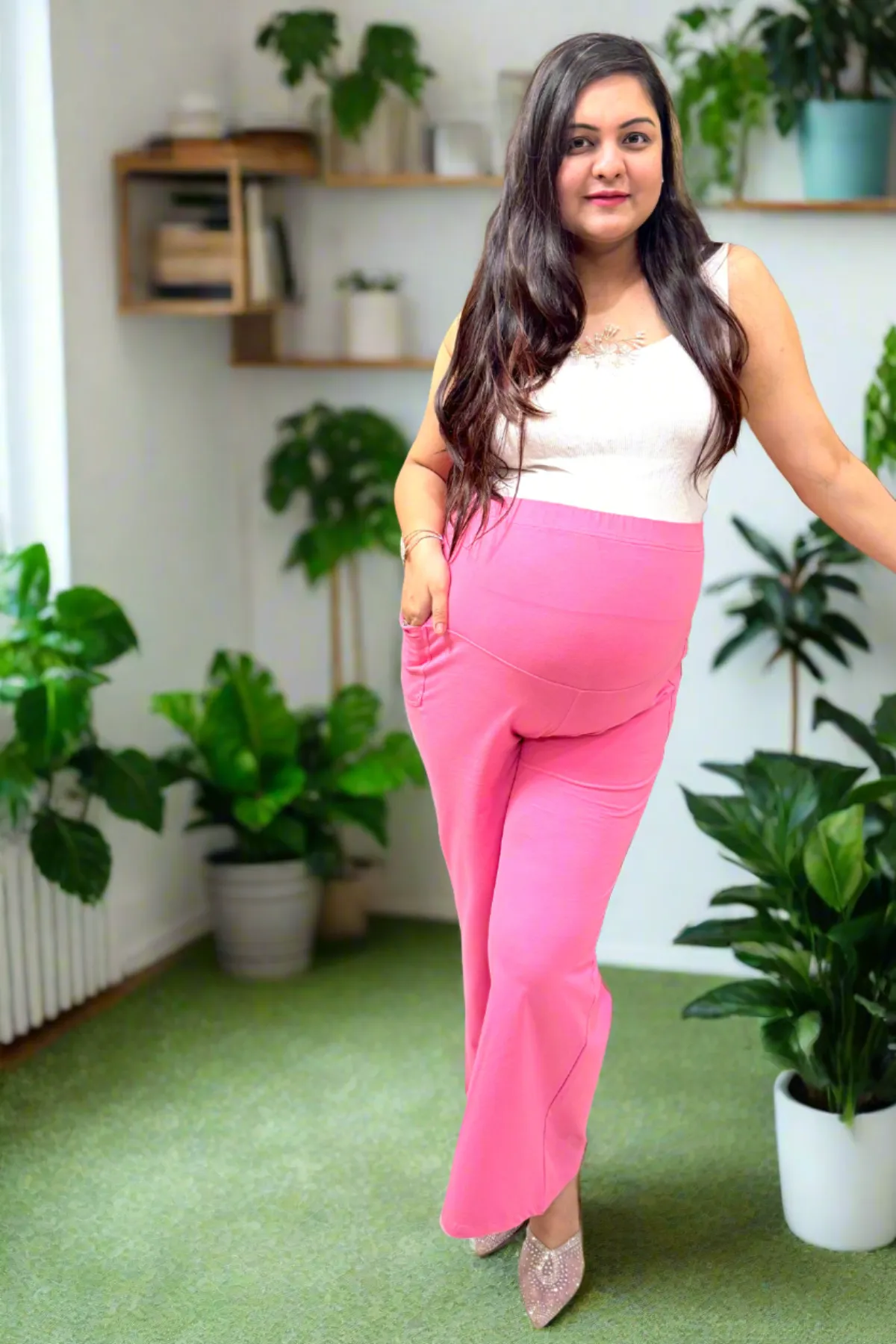 Fit & Flare Cotton Pink Maternity Pants (Pregnancy & Postpartum)