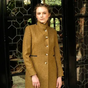 Fitted Tweed Coat in Mustard Herringbone